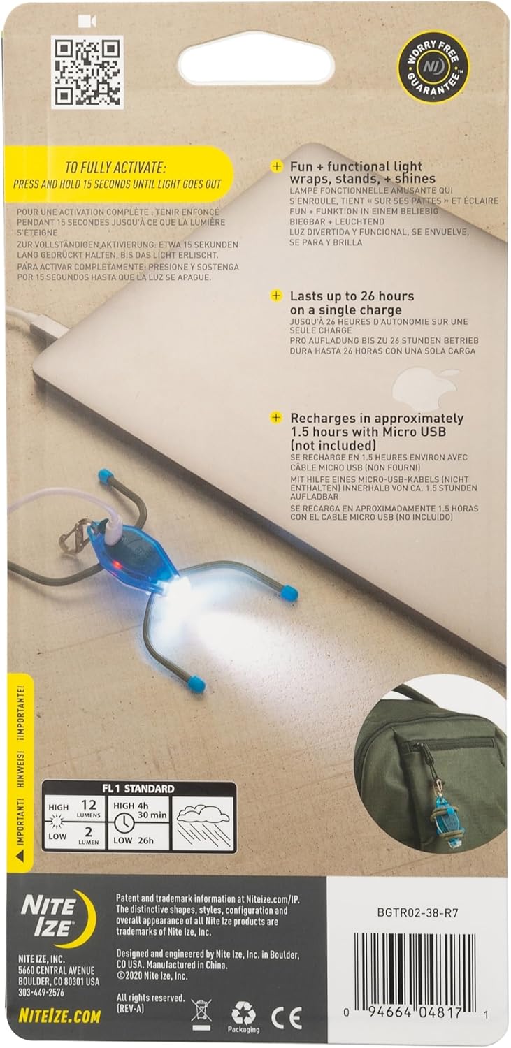 Nite Ize BugLit Rechargeable Micro Flashlight - LED Bug Light for Indoors or Outdoors - Clip On Reading Light - Tent Light for Camping - Task Light with Gear Tie Legs - USB Rechargeable - Bright Blue