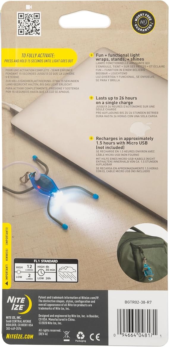 Nite Ize BugLit Rechargeable Micro Flashlight - LED Bug Light for Indoors or Outdoors - Clip On Reading Light - Tent Light for Camping - Task Light with Gear Tie Legs - USB Rechargeable - Bright Blue