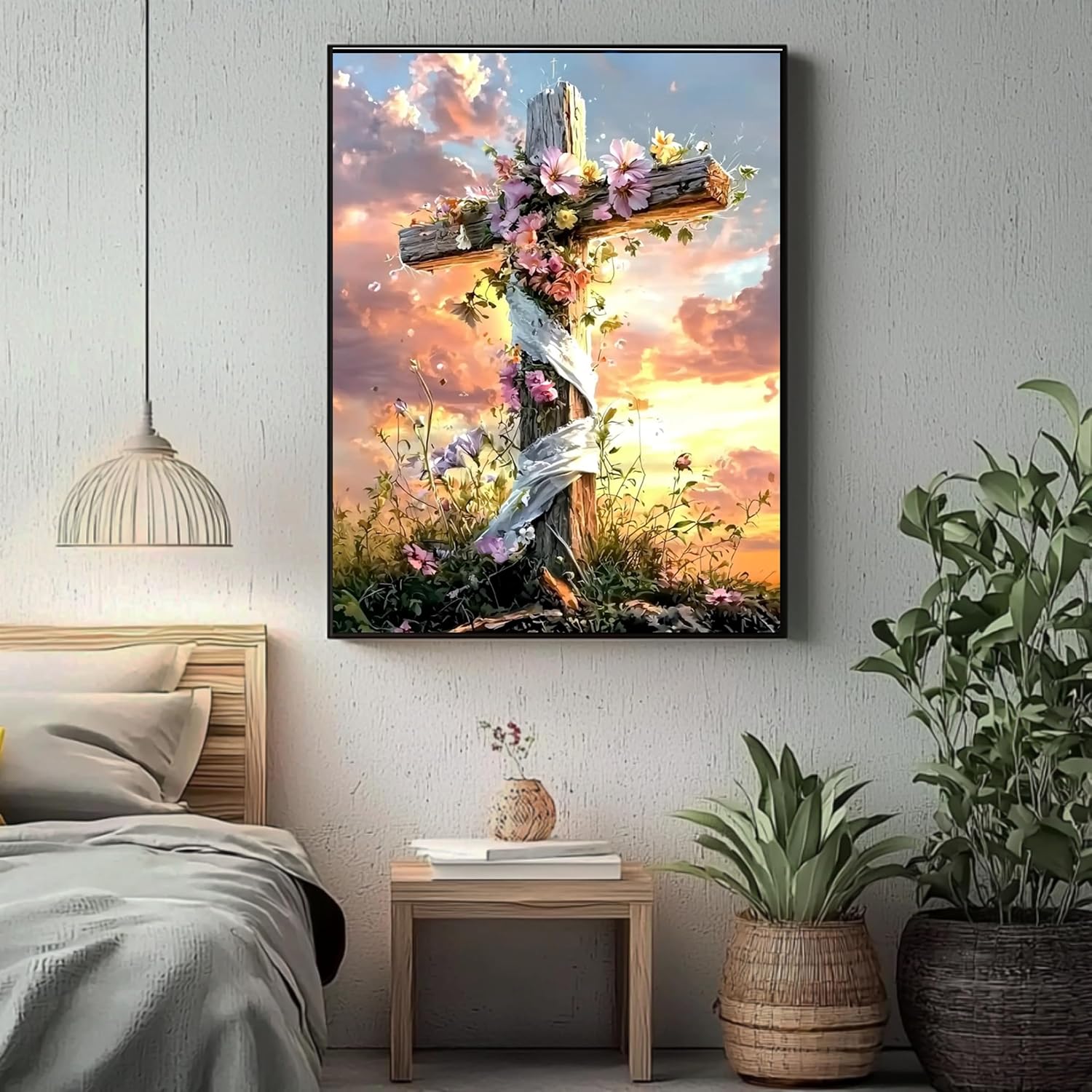 Cross Diamond Art Kits for Adults, Flowers Diamond Painting Kits for Beginners, 5D DIY Sunset Full Drill Round Diamond Painting Gem Art for Adults, Home Wall Decor 12 x 16 Inch image 4