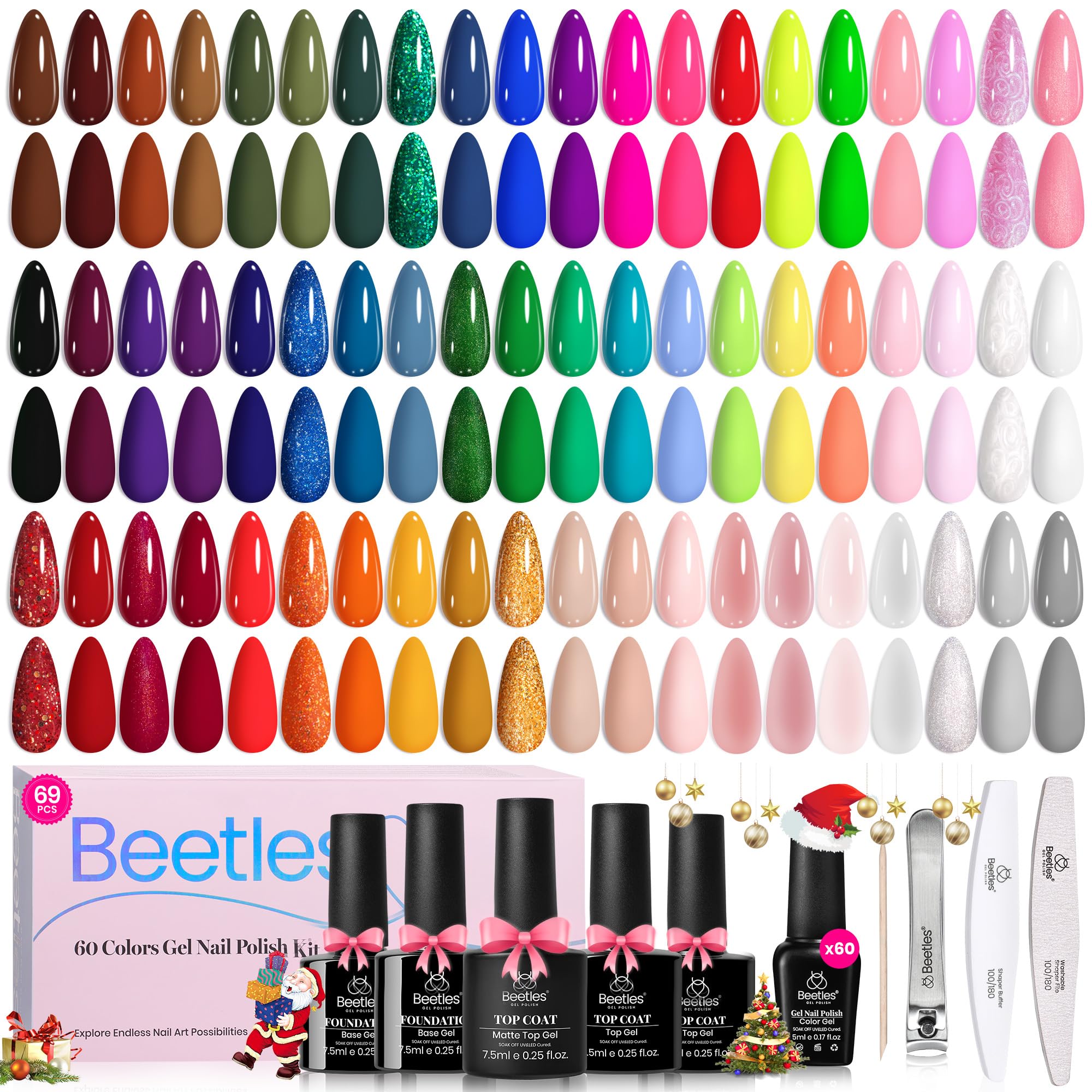 Beetles Gel Nail Polish Set, 69 PCS Spring Kit 60 Colours Neon Pastel Jelly Glitter Nude Pink White Red Blue Green Brown Gel Base Coat Glossy Matte Top Coat Gifts for Women Girls