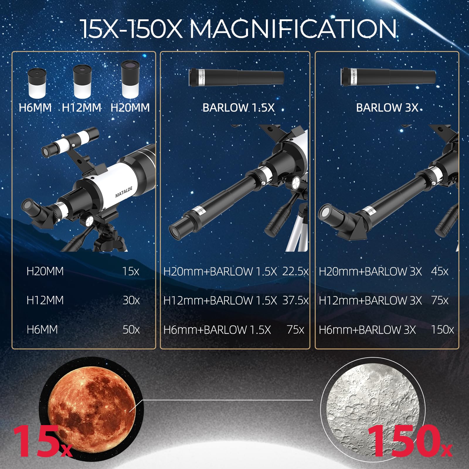 Télescope pour Débutants, Télescope Astronomique Réfracteur 70mm d'Ouverture avec 300mm de Distance Focale, Grossissement 15X-150X, Trépied, Adaptateur pour Téléphone, Télécommande sans Fil