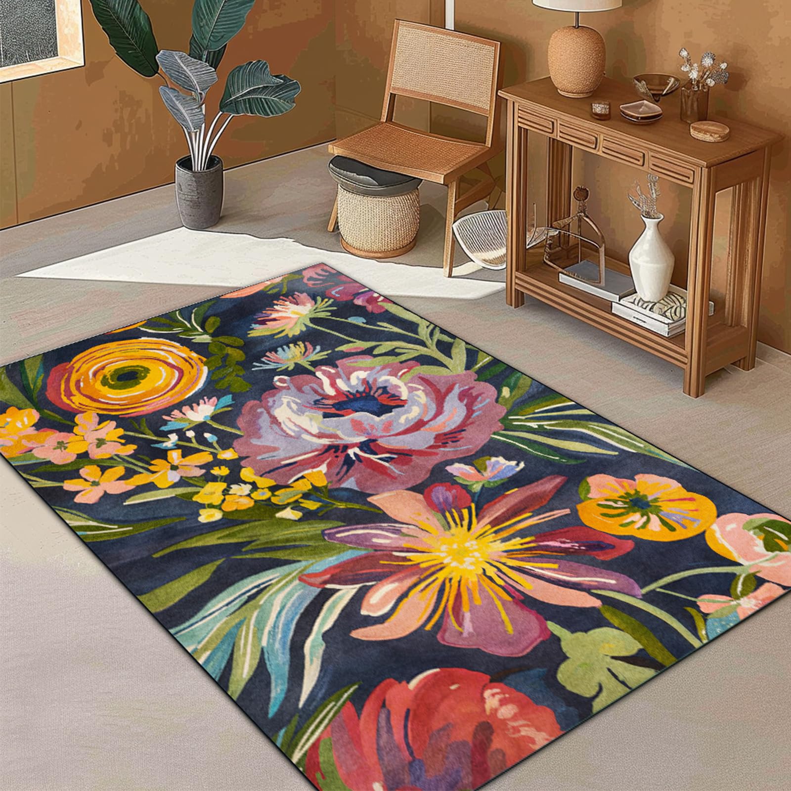 Amazon | ラグ カーペット,colourful,180 x 210 cm,多色 葉 花 濃い青