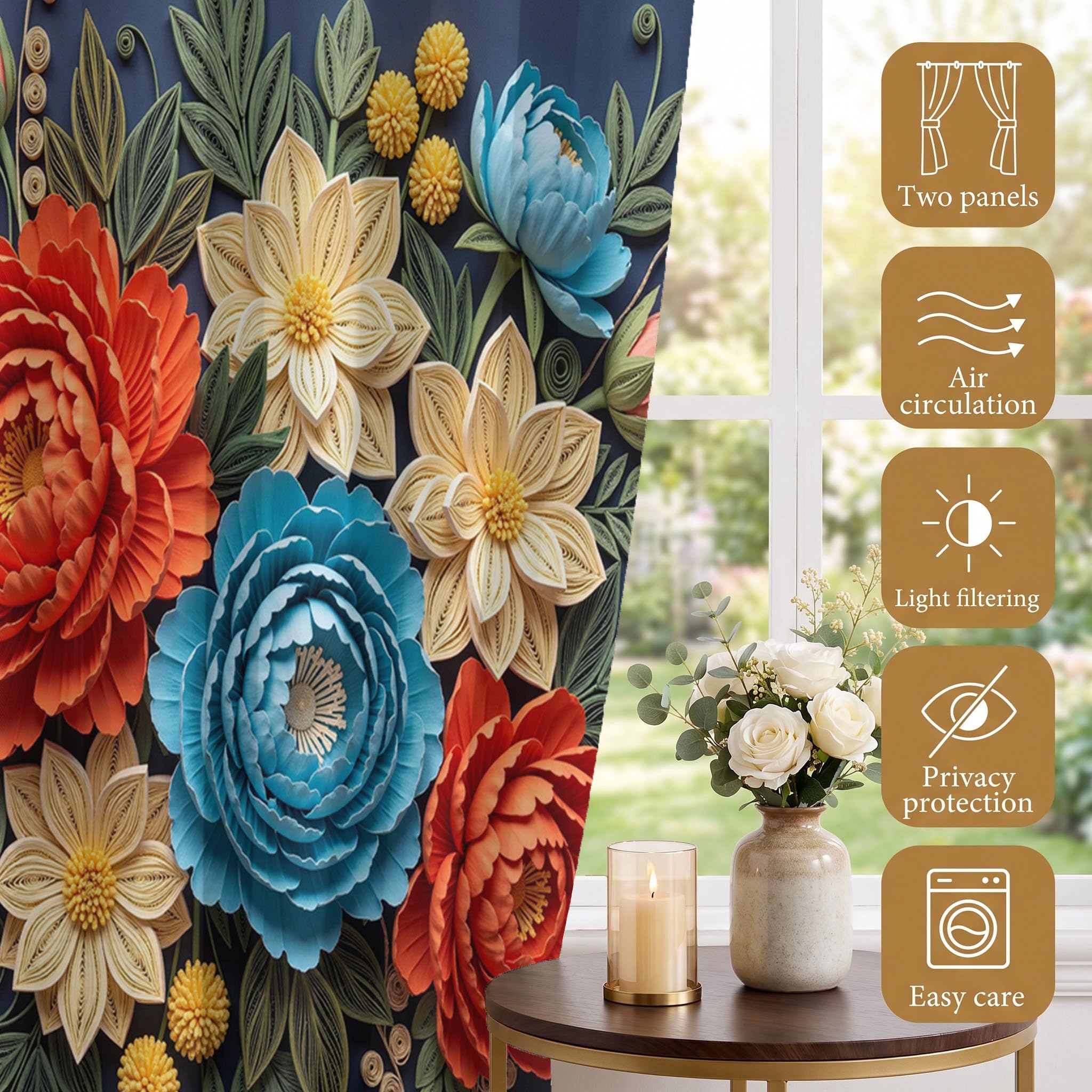 Rideaux Motif Texture De Relief Végétal 3D 75X166 Cm (Lxh), Lot De 2 | Pivoines Éclatantes Bleu Foncé Rideau Occultant, Thermiques, À Oeillets, Chambre, Salon, Draperies Intérieurs Fenetre