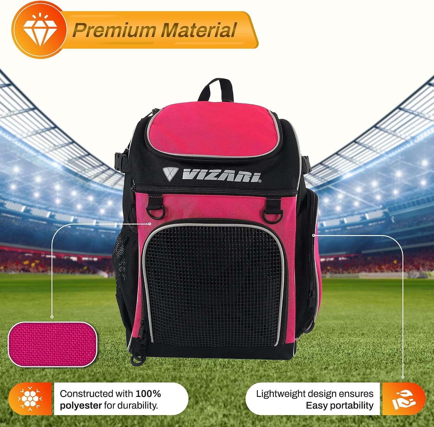 Vizari Soccer Backpack Soccer Bag | Water resistant Durable Equipment Bag for Football, Basketball, Volleyball | Cleats and Ball Compartment - Black, Blue, Red