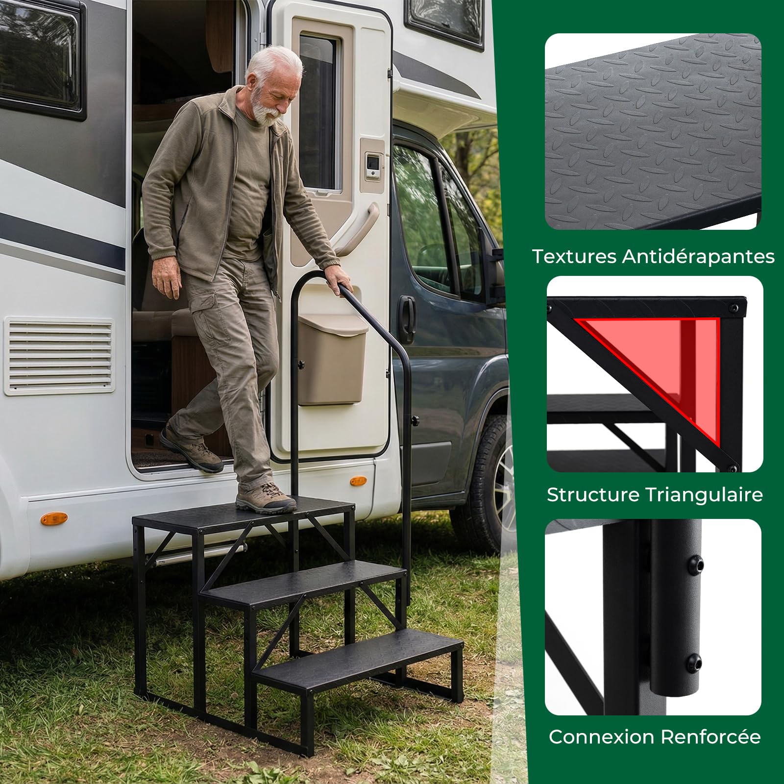 COSTWAY Marchepieds pour Camping-Cars 3 Marches avec Main Courante, Escabeau avec Larges Plateformes Antidérapantes, Escalier pour Porche Maison Mobile Piscine, Charge 300 kg