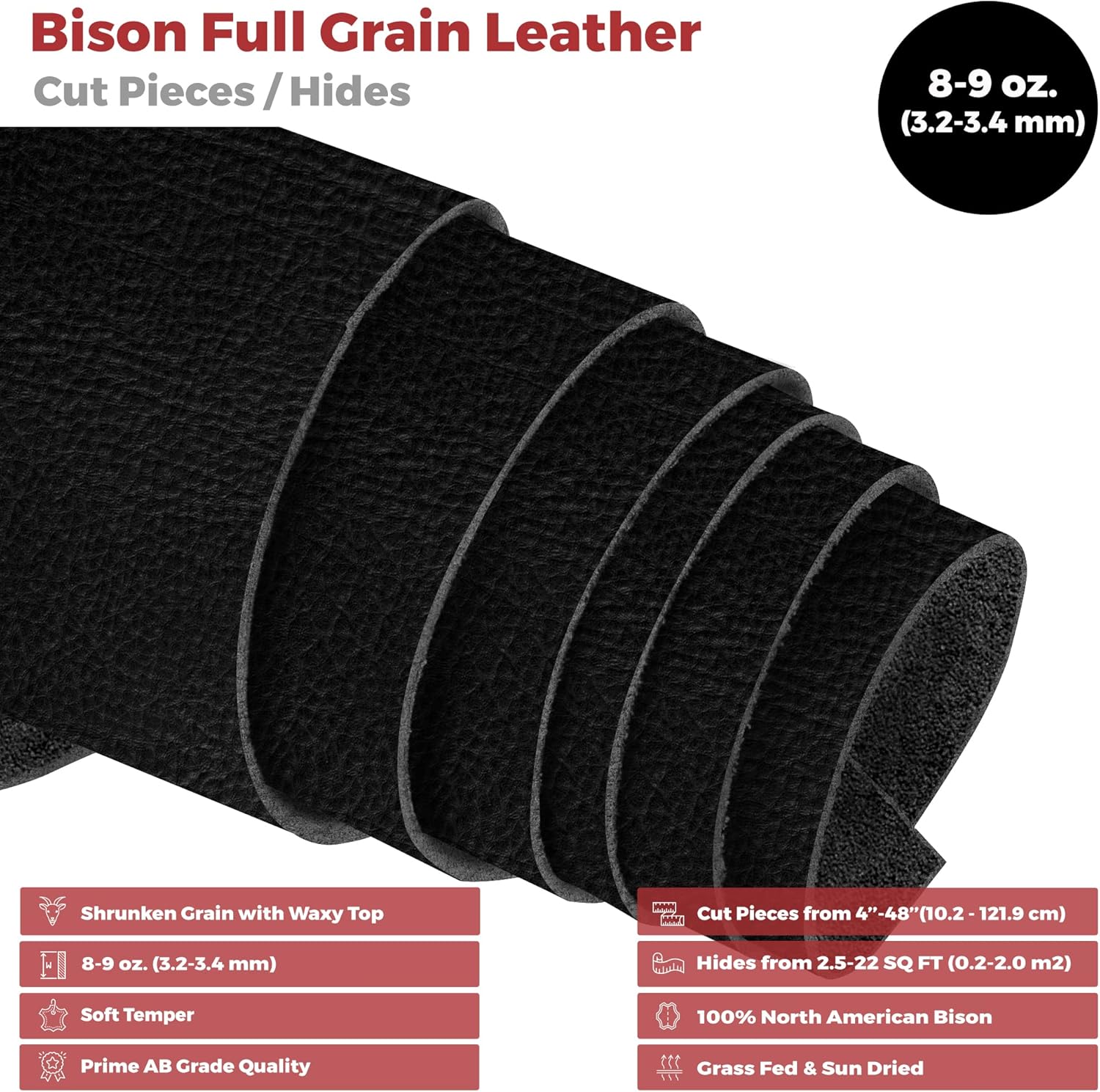 ELW Genuine American Leather Bison 8-9 oz (3.2-3.4mm) Black Pre-Cut 20-23 SQ FT - Full Grain Leather Bison Hide DIY Craft Projects, Bag, Chap, Motorcycle, Clothing, Jewelry, Moccasins
