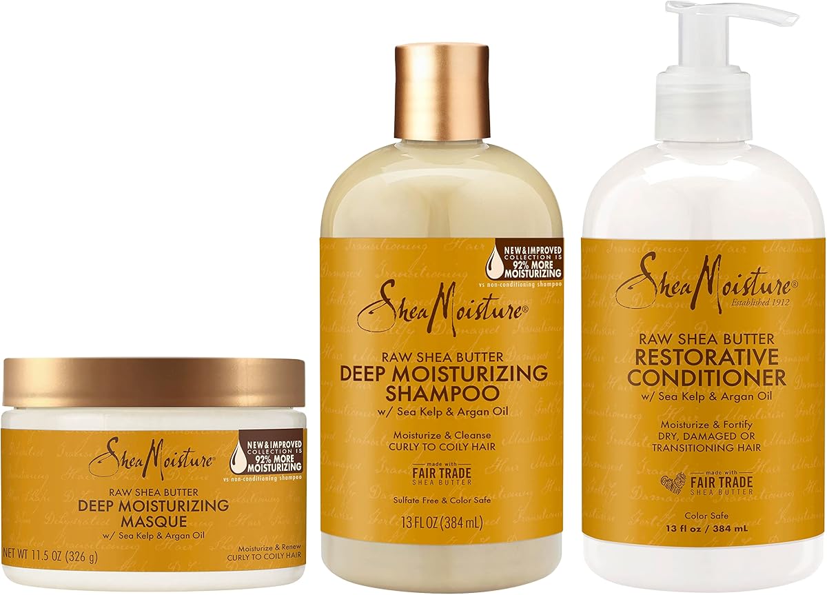 SheaMoisture Cuidado del cabello hidratante profundo para cabello rizado, seco y dañado Champú y acondicionador sin sulfato de manteca de karité cruda, tratamiento capilar de acondicionamiento profundo con algas marinas y aceite de argán