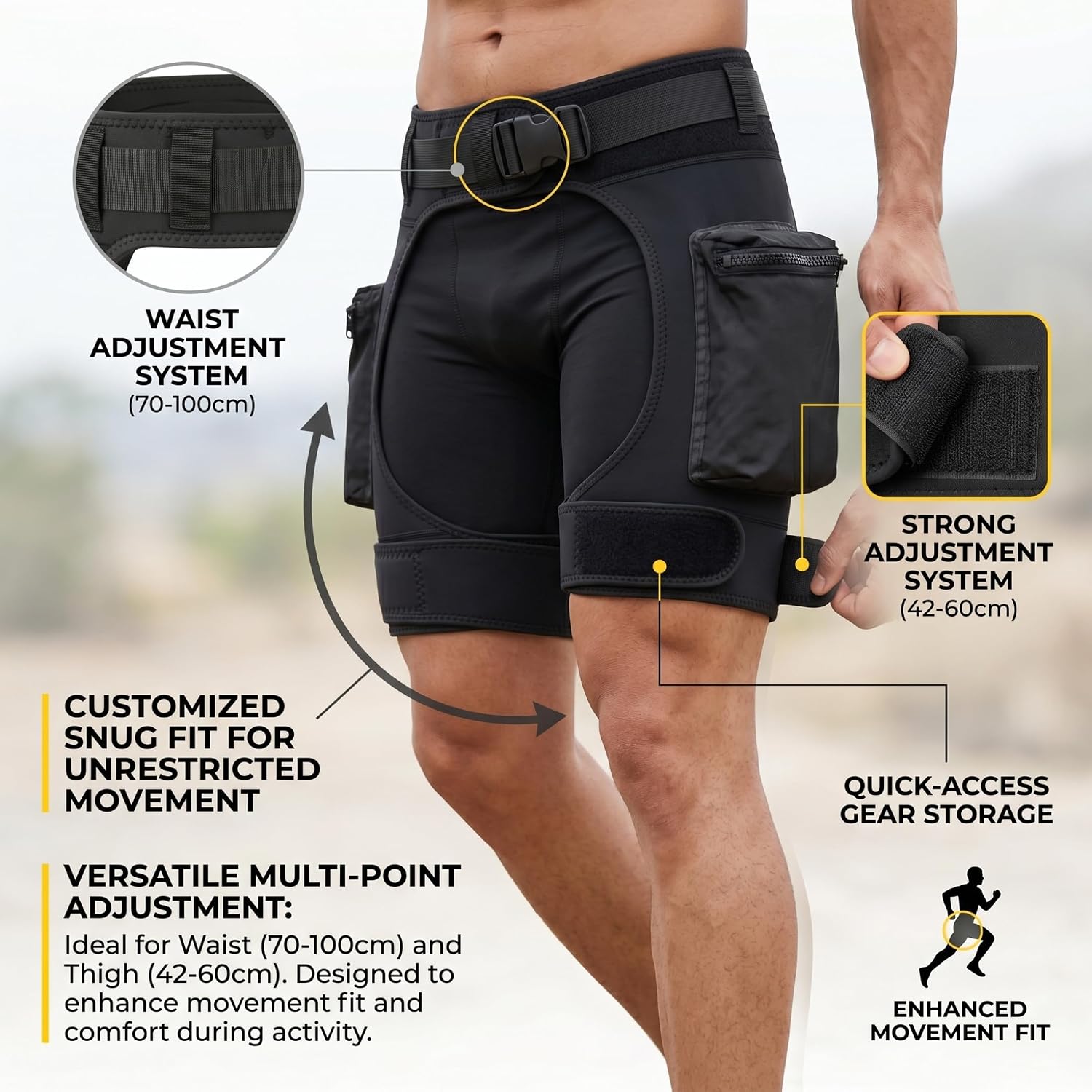 Neoprene Shorts for Men 2mm Wetsuit Shorts with Adjustable Straps & Storage Pocket Black (Waist 27.56 39.37in Thigh 16.54 23.62in)