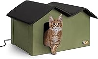 K&H Extra-Wide Heated Outdoor Cat House - Insulated Weatherproof Shelter for Feral Cats with 2 Escape Doors & Thermostatic Heated Bed (Olive)