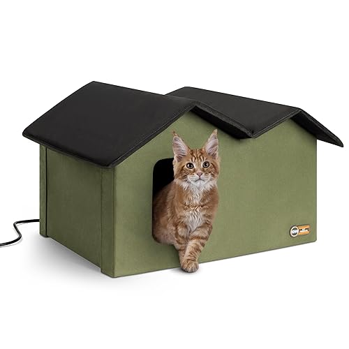 K&H Pet Products Extra-Wide Heated Cat House for Outside, Outdoor Cat House with 2 Safe Escape Doors, Weatherproof Insulated Stray & Feral Shelter with Waterproof Heated Bed, Safety Listed - Olive - Heated