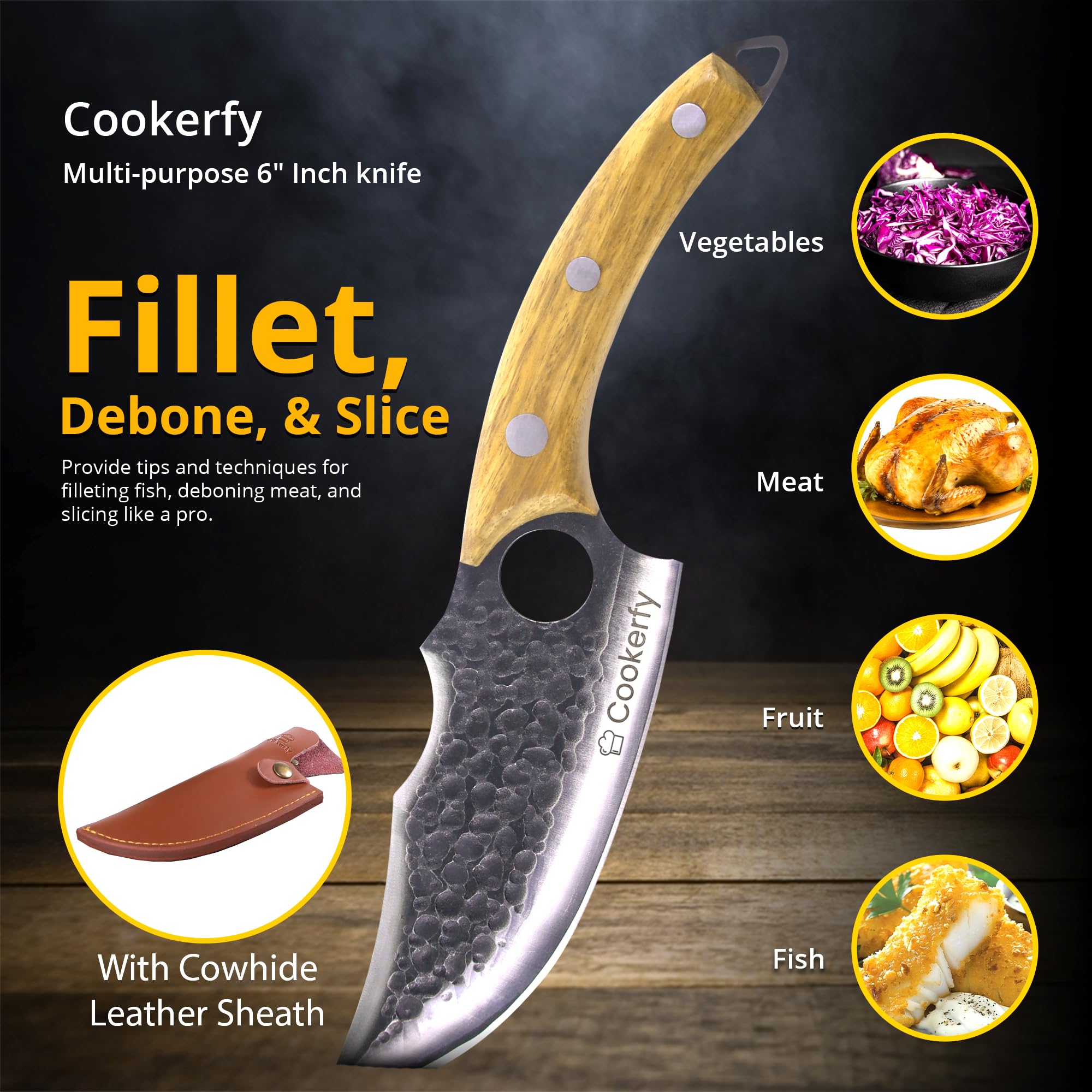 Chef Knife - Japanese Knife Style with Ergonomic Grip & Rosewood Handle, 6" High Carbon 5cr15 Steel Meat Cleaver, Genuine Leather Sheath, Kitchen Knives, Gift Packaging — Amazon image 3