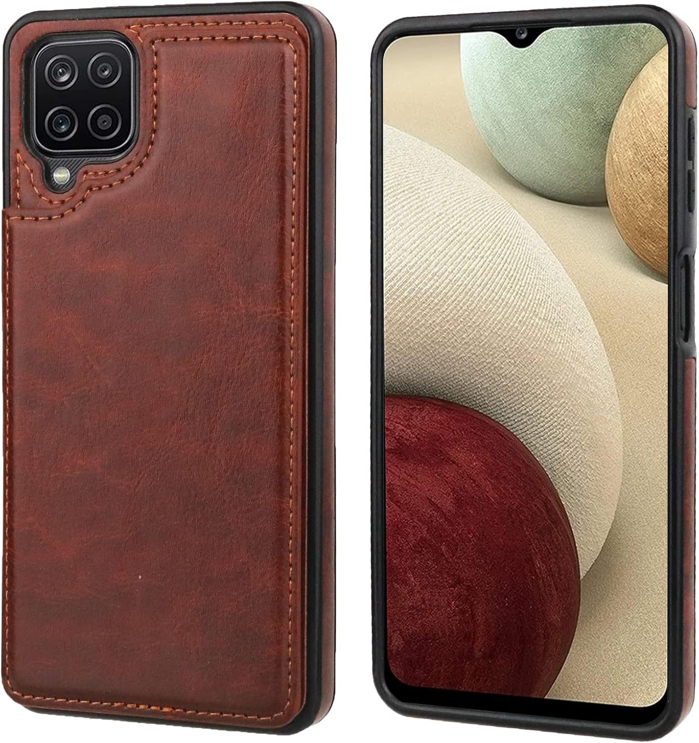ONETOP Compatible with Samsung Galaxy A12 Wallet Case with Card Holder, PU Leather Kickstand Card Slots Case, Double Magnetic Clasp and Durable Shockproof Cover 6.5 Inch(Brown)