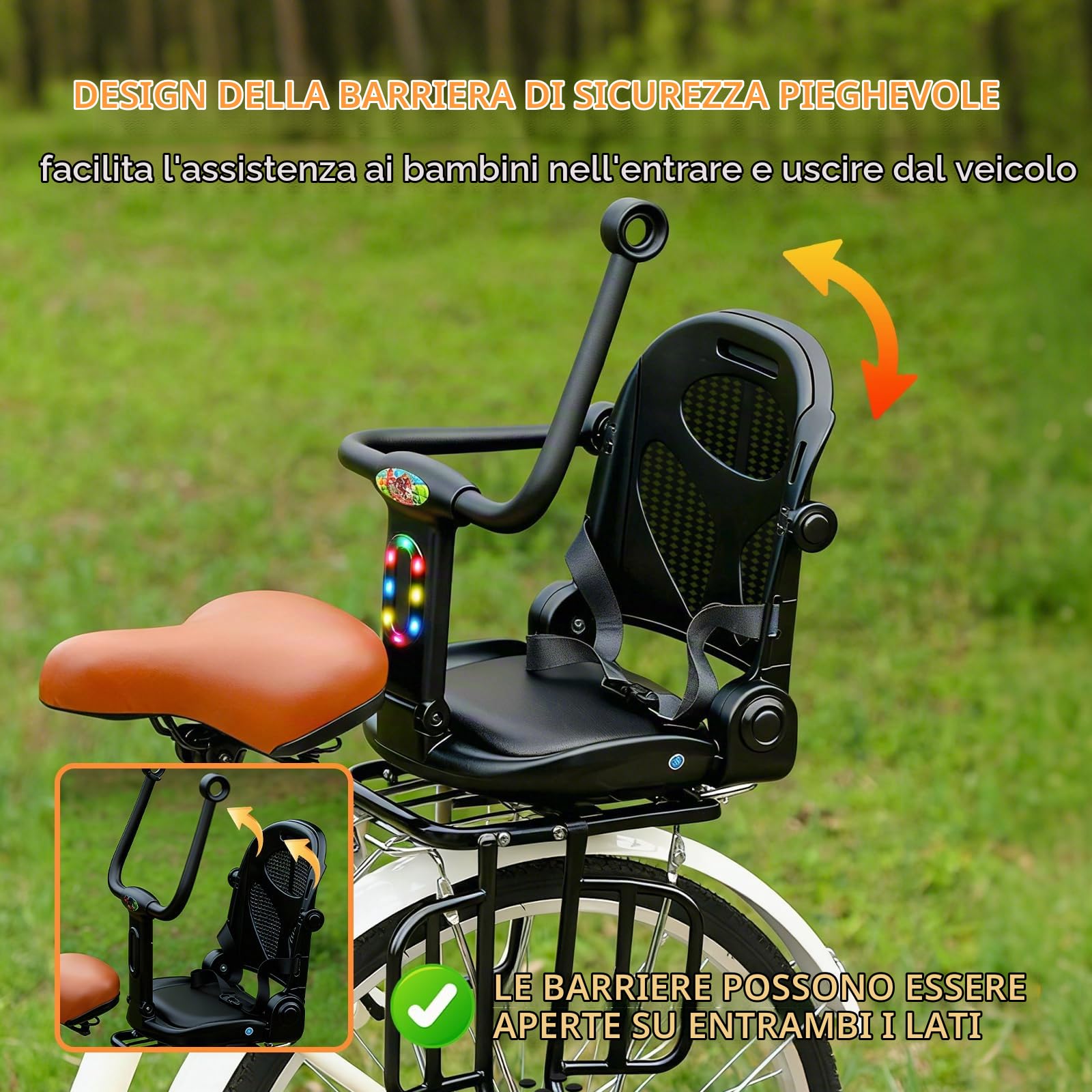 auvstar Seggiolino Bici Posteriore,Seggiolino Posteriore per Bici con Cintura di Sicurezza,Cuscino Seduta in PU con Sponda di Protezione Schienale e Poggiapiedi,Adatto per Sedersi o Sdraiarsi Nero