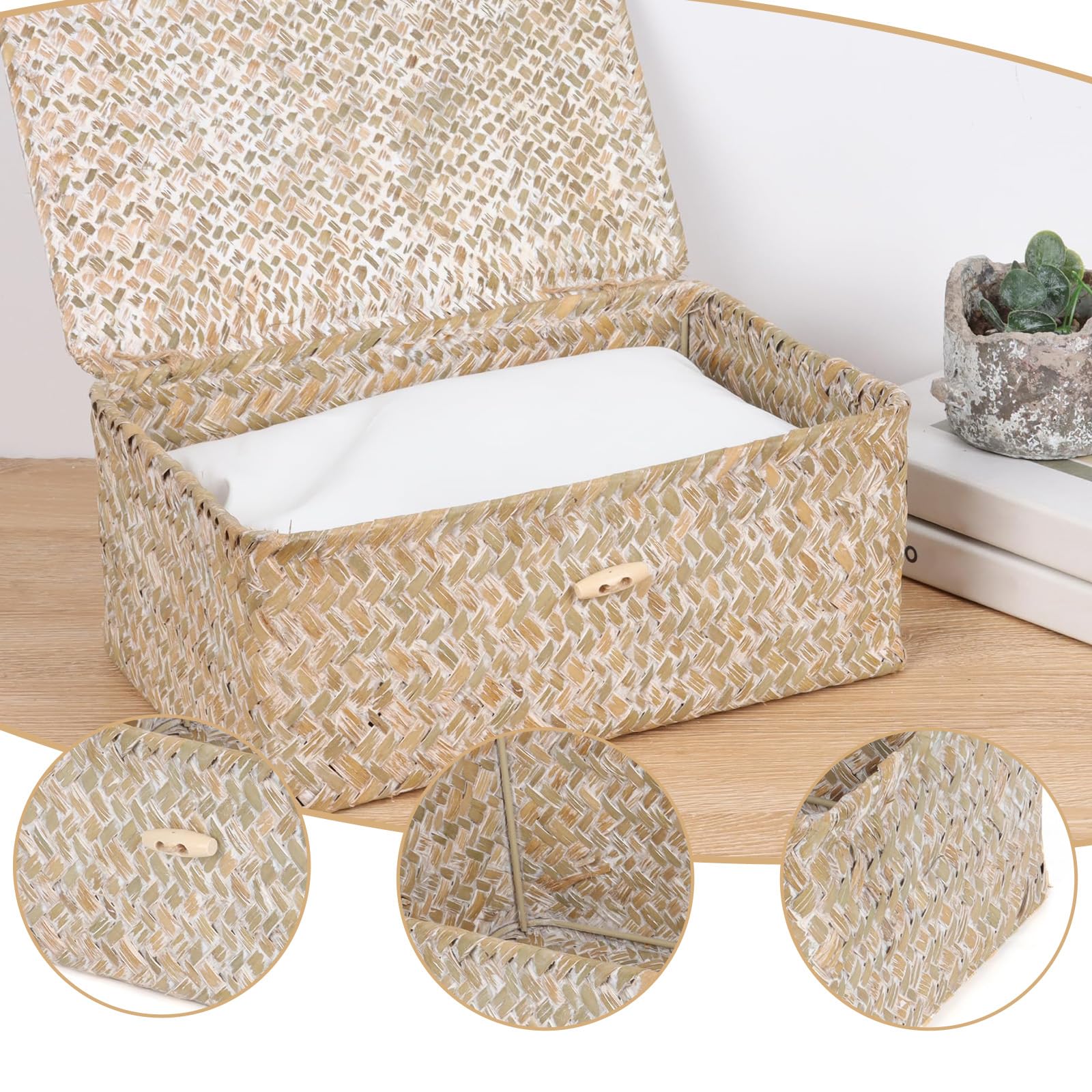 Cesto Portaoggetti in Rattan Intrecciato, Cestino Portaoggetti Rettangolare Intrecciato Fatto a Mano con Coperchio, Organizer per Trucchi Multifunzionale, per Cosmetici e Abbigliamento (M, Bianco)