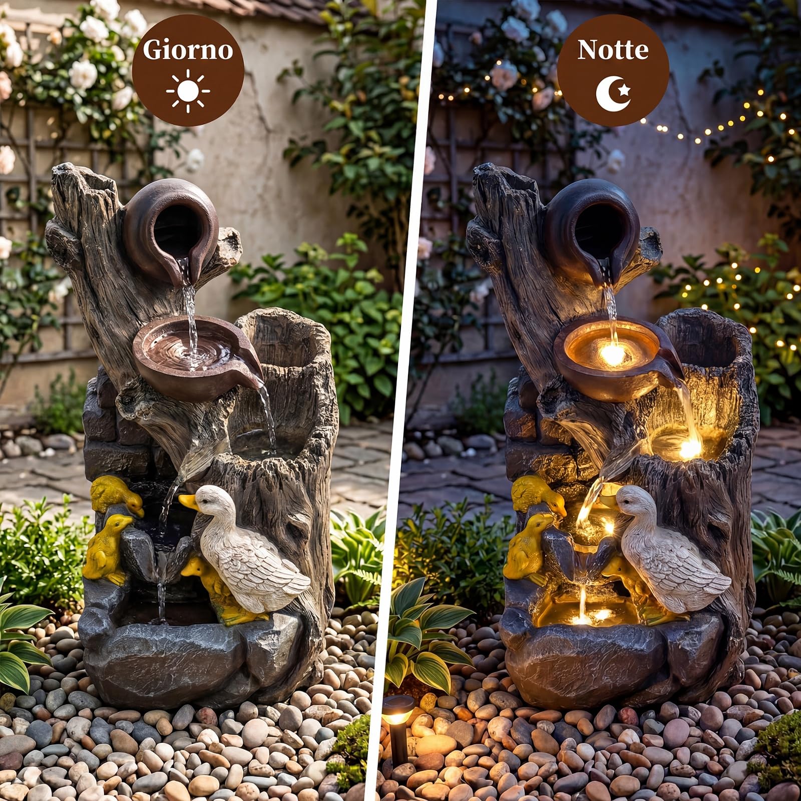 COSTWAY Fontana a Cascata da Esterno, Fontana da Giardino con Illuminazione LED e Pompa, Ornamento Cascata in Resina Effetto Pietra e Legno con Anatre per Cortile e Salotto, 30 x 27 x 57 cm