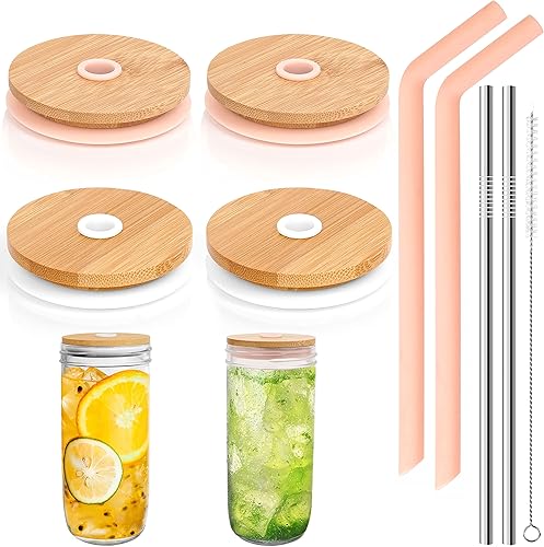 ANOTION Tapas de bambú para vidrio en forma de lata, tapas para tarros Mason con agujero para pajilla, 4 tapas reutilizables de bambú para tarros