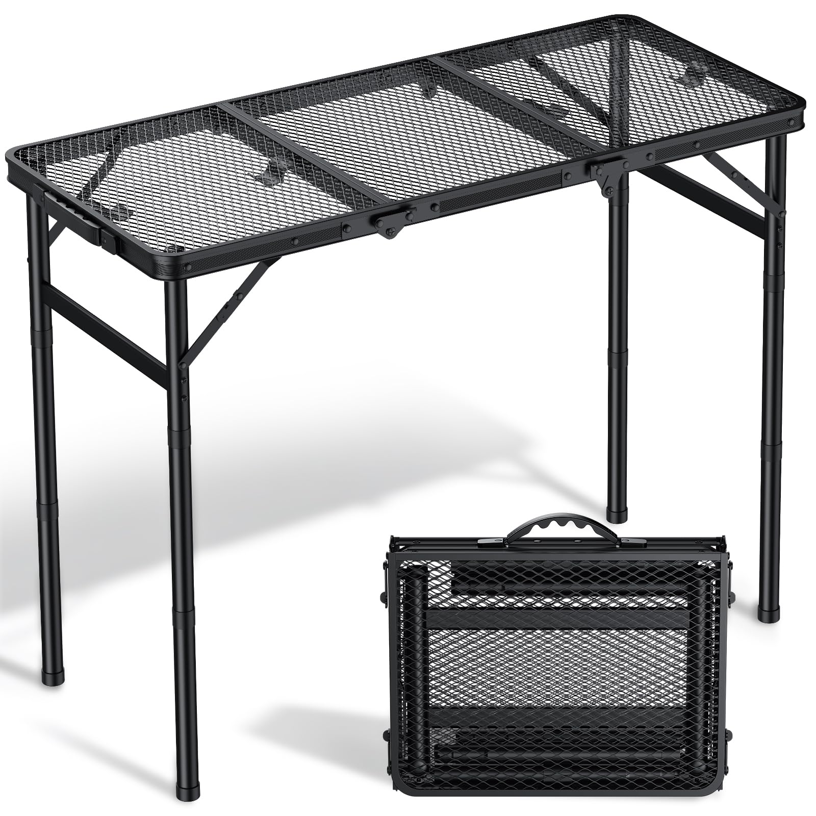 Tavolo da Campeggio Pieghevole, 86,9x39,9 cm, 3 Altezze | Piano in rete di alluminio nero a 3 pieghe, maniglia integrata, altezza max 69,9 cm, per picnic, giardino e patio