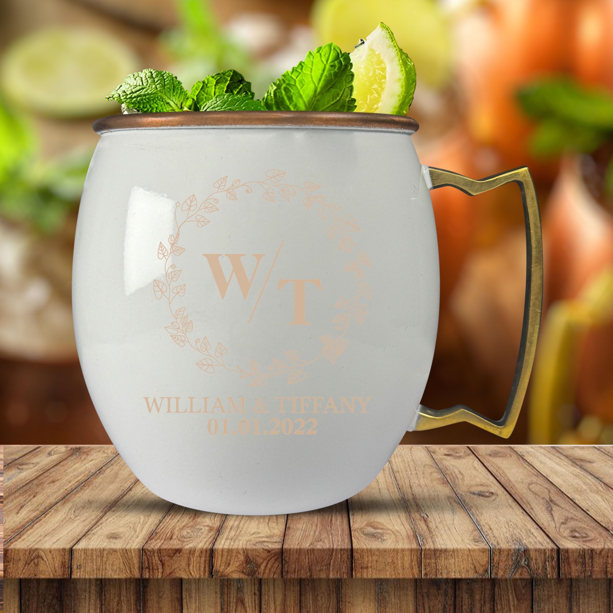 Custom 100% Copper Moscow Mule with Smooth Painted Finish - Engraved Bar Style Copper Cup with Personalize Monogram Themed Engraving, Brass Handle | 18 oz, White | Set of 2
