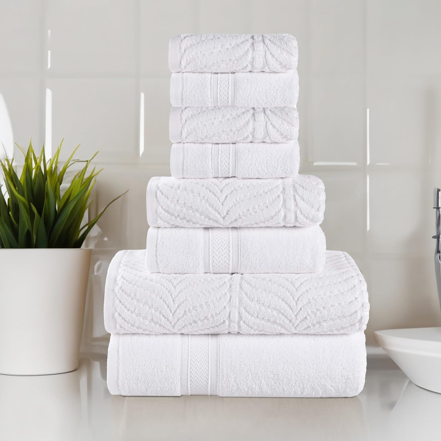 Superior Cotton Chevron 8 Piece Assorted Towel Set, Zero Twist, Quick Dry, Home Essentials, Shower, Spa, Luxury Plush Soft Absorbent Towels, Includes 2 Bath, 2 Hand, 4 Washcloth/Face Towels, White - Image 2