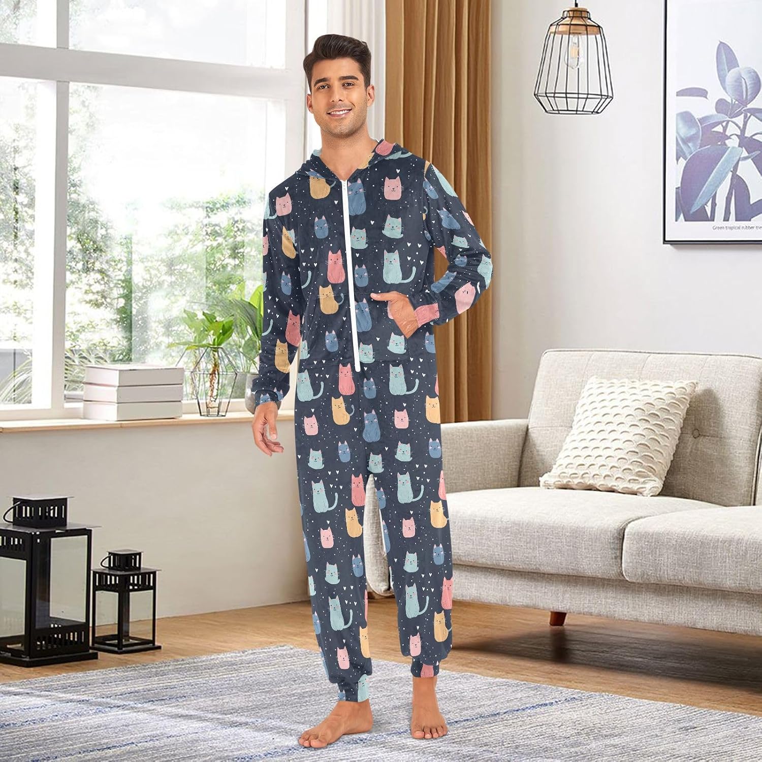 Colorful Cats Polka Dots Blue Zipper Hooded Adult Jumpsuit Pajamas with Pockets XS-3XL