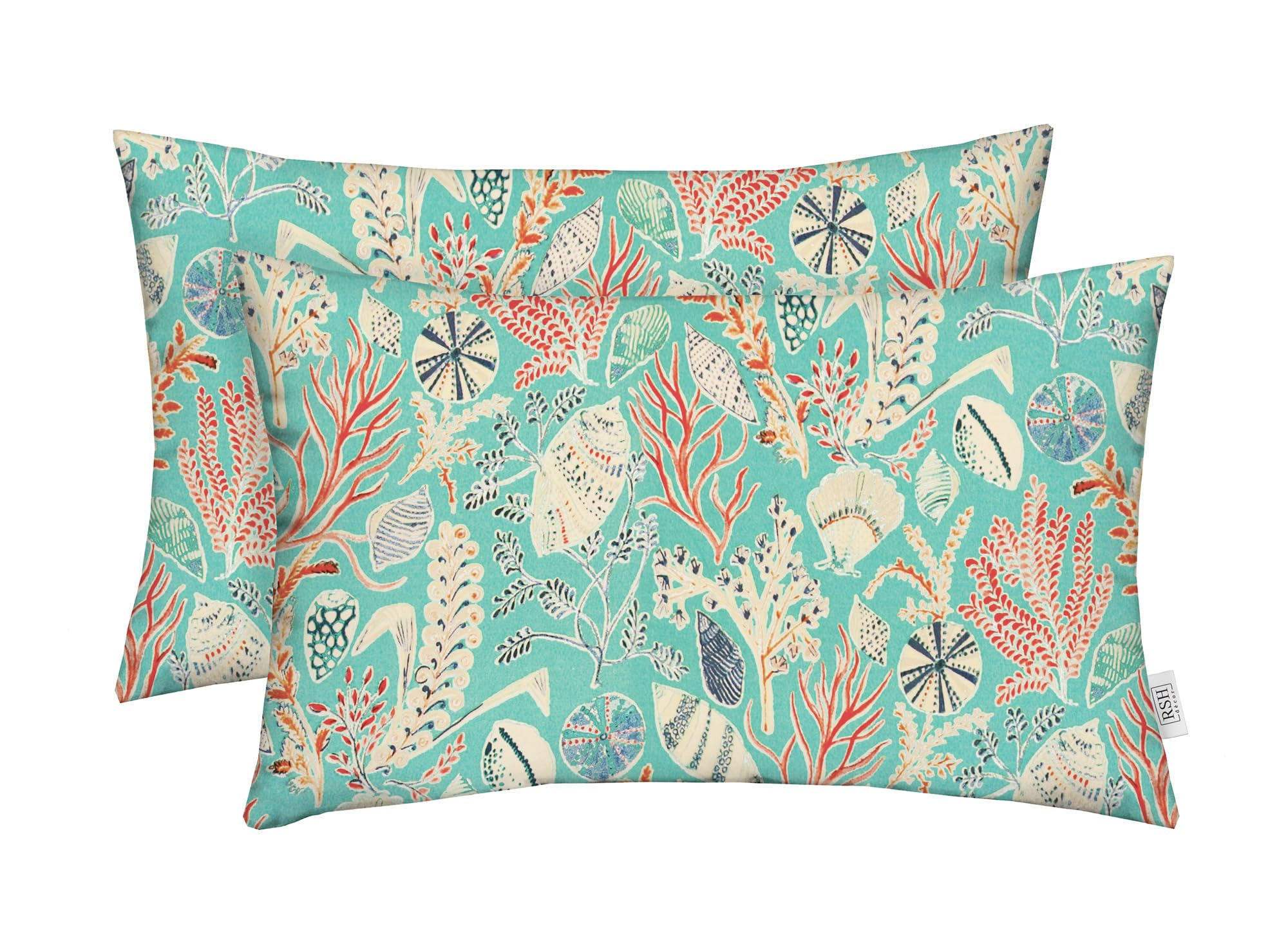 RSH DECOR Set of 2 in Outdoor Lumbar/Rectanglar Decorative Throw Pillows ~ Blue, Peach, White, Cream, Orange, Coral, & Red ~ Ocean Life ~ Coastal ~ Coral Reef