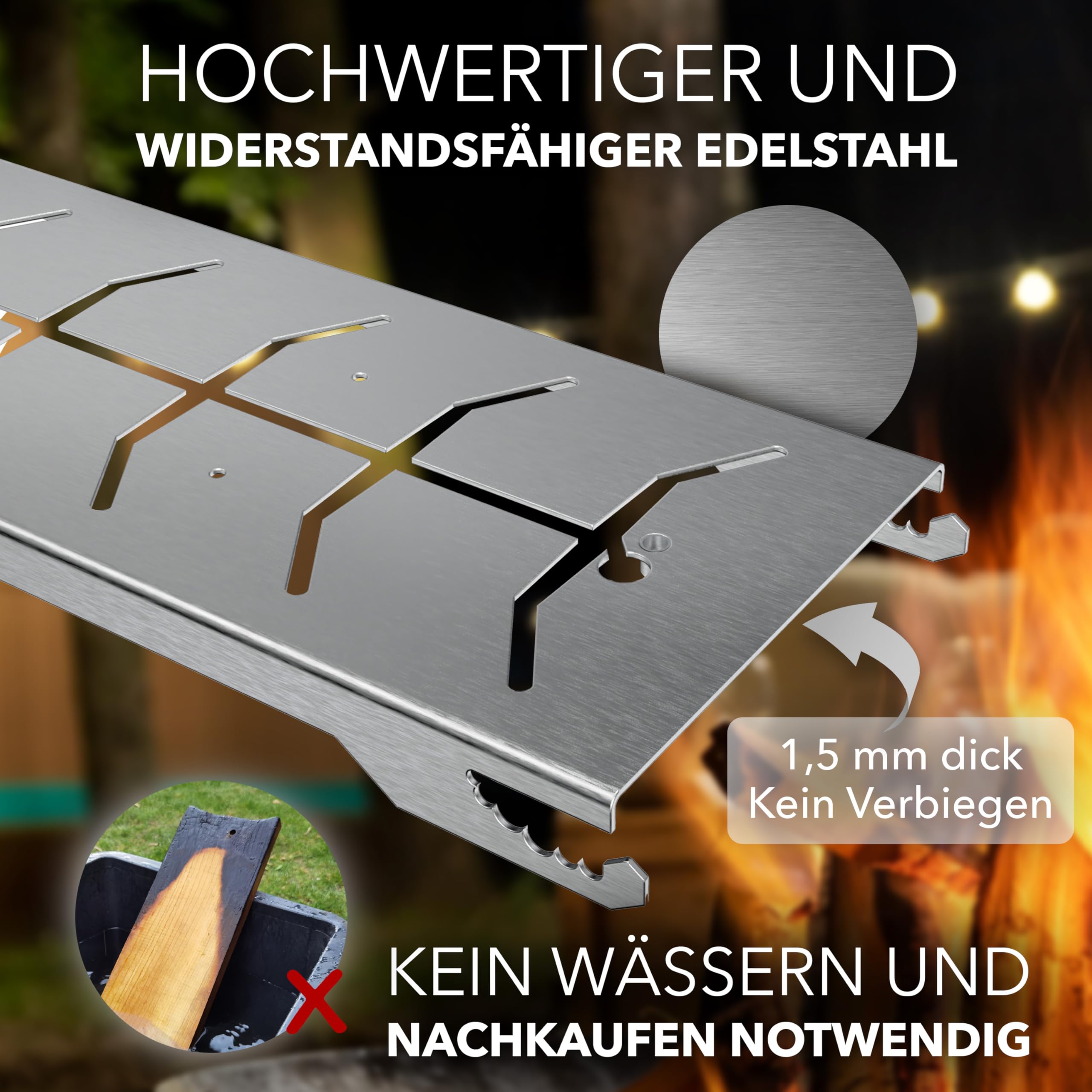 Flammlachsbrett – Flammlachsbretter mit Halterung – Feuerfest aus Edelstahl geeignet für Feuerschalen und Kugelgrill – Made in Germany