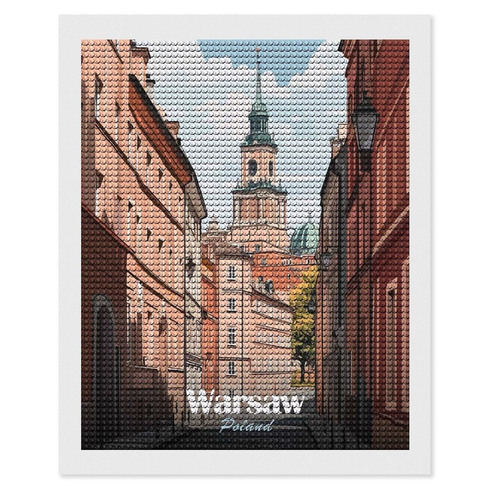 Junmoney Warsaw, Poland Cityscape Full Drill Diamond Painting Kit 16"x20", for Teens, Adhesive Canvas, Bedroom Decor, Holiday Gift Idea