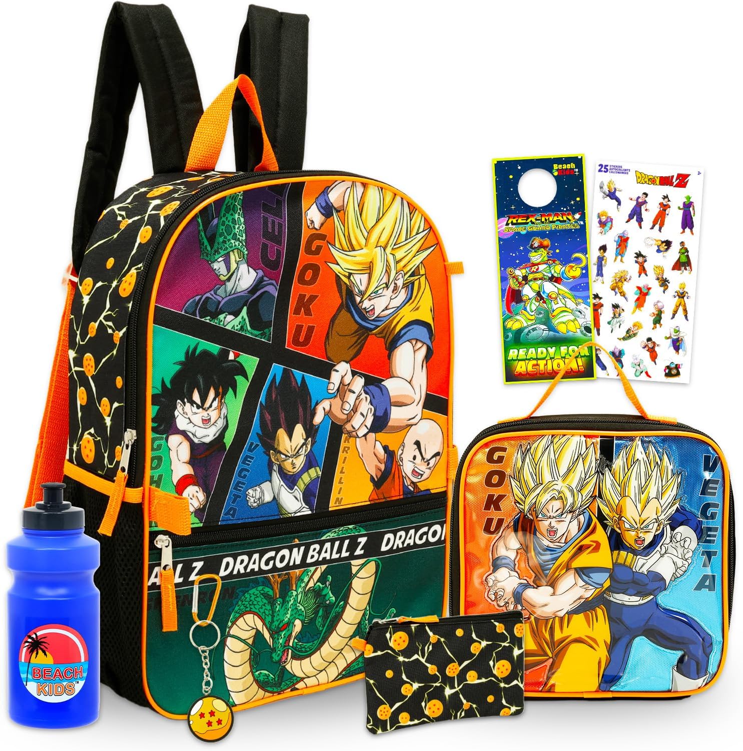 Dragon Ball Z Backpack with Lunch Box Set - Bundle with 16" Anime Backpack, Lunch Bag, Water Bottle, Pencil Case, Keychain, Stickers, More | Dragon Ball School Bag for Kids
