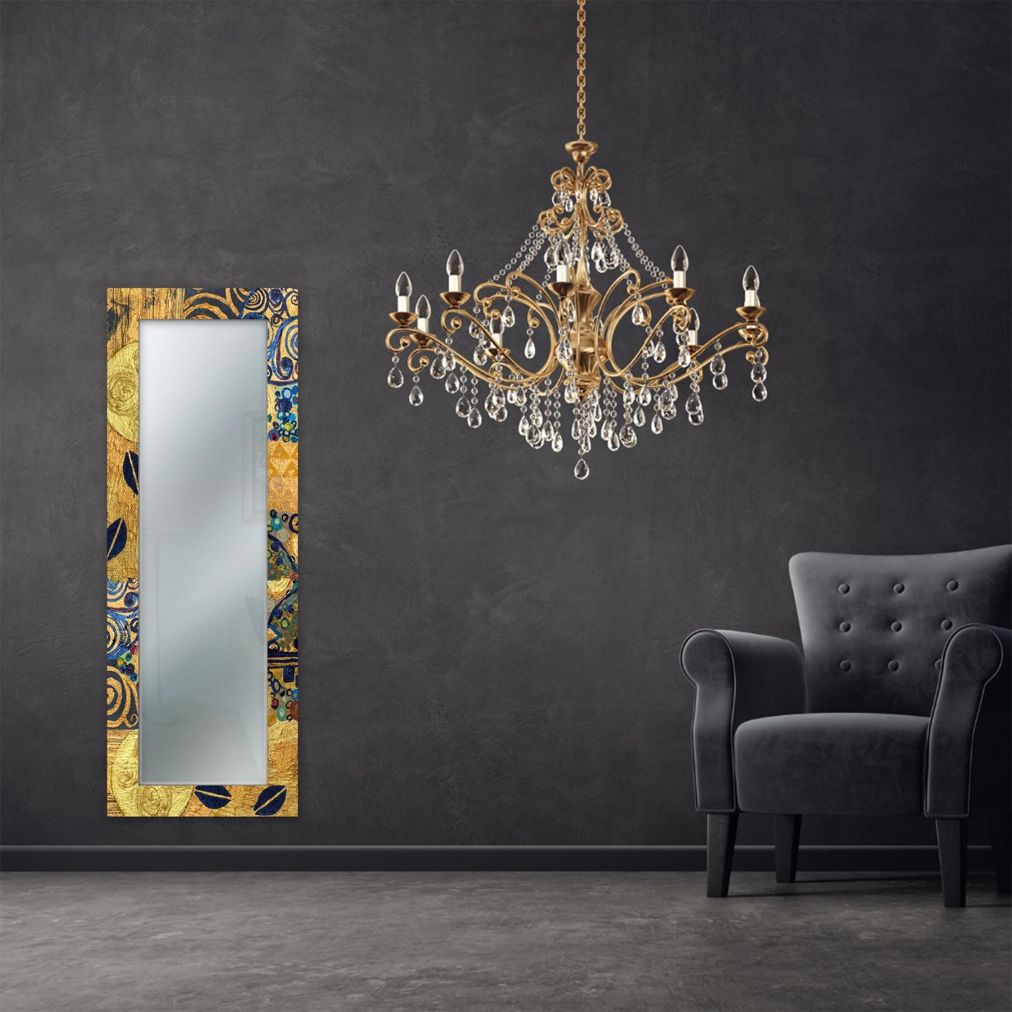 Lupia - Specchio da Parete Moderno MIRROR FANTASY KLIMT GOLD 44x127 cm, Decorazione Stile Artistico, Design per Camera da Letto e Ingresso, Cornice Stampata in Legno