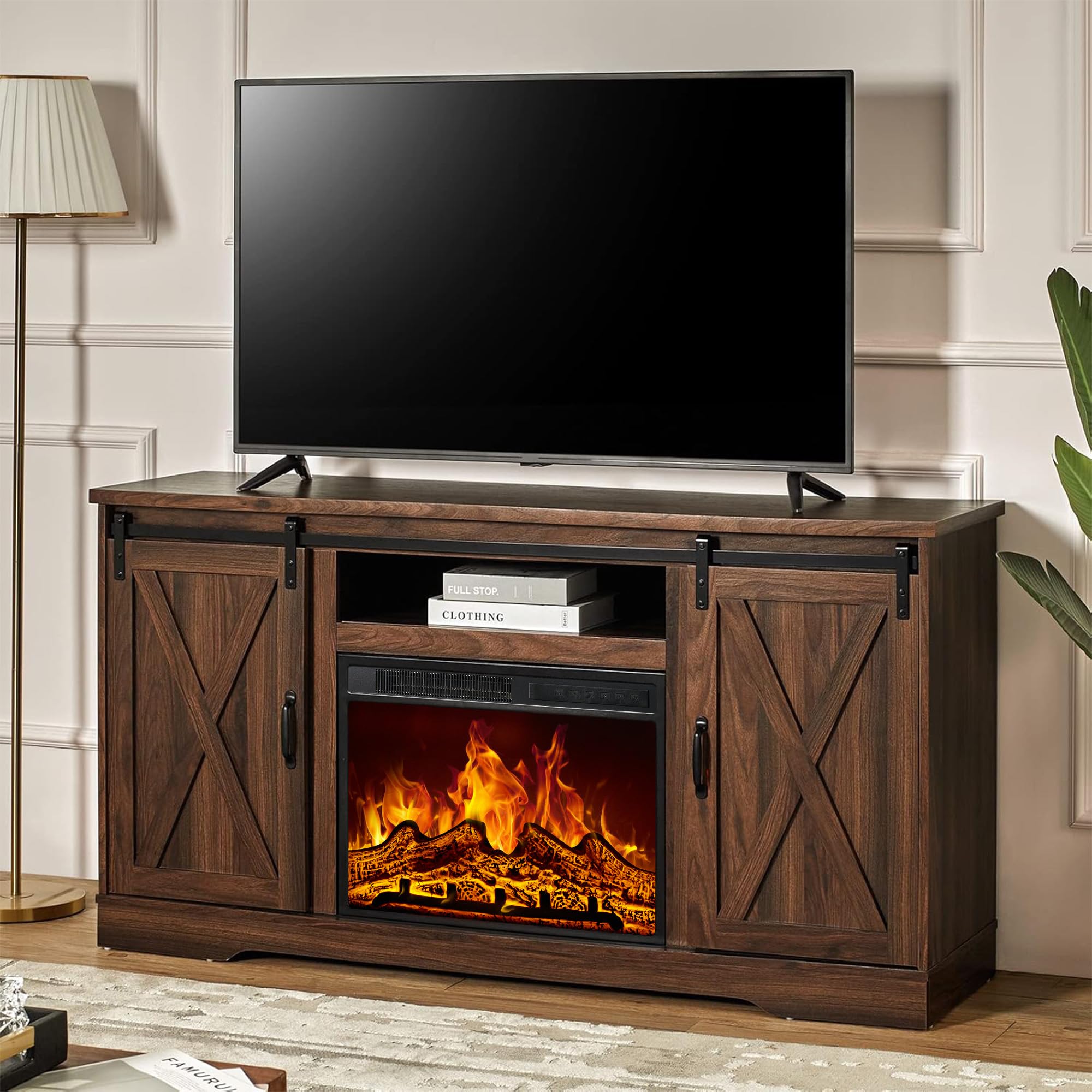 Fireplace TV Stand with Sliding Barn Door for TVs up to 65", Farmhouse 59" Fireplace Entertainment Center with Storage Cabinets/Adjustable Shelves, Dark Walnut