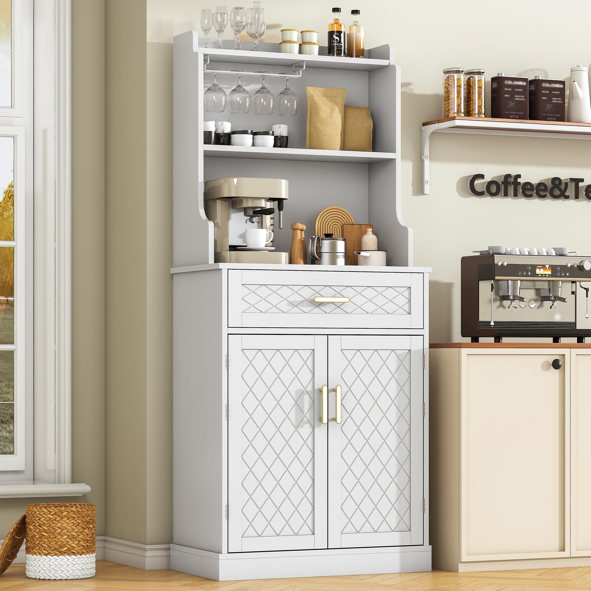 66" Kitchen Pantry Cabinet with Microwave Shelf, Pantry Storage Cabinet with Adjustable Shelves and Drawer, Kitchen Buffet Cupboards Sideboard for Home Office Use (16" D x 24" W x 66" H)