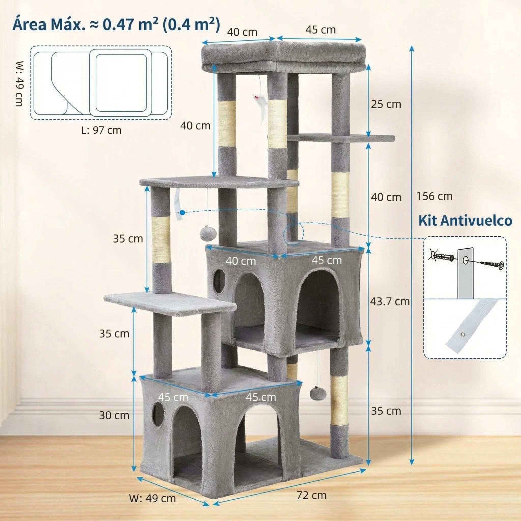 GarveeHome Torre Rascadora para Gatos Grandes - Árbol De 156 cm con 7 Postes De Sisal Natural, Plataforma Extra Grande y 2 Casas, Estructura Robusta para Maine Coon y Gatos Pesados - Gris