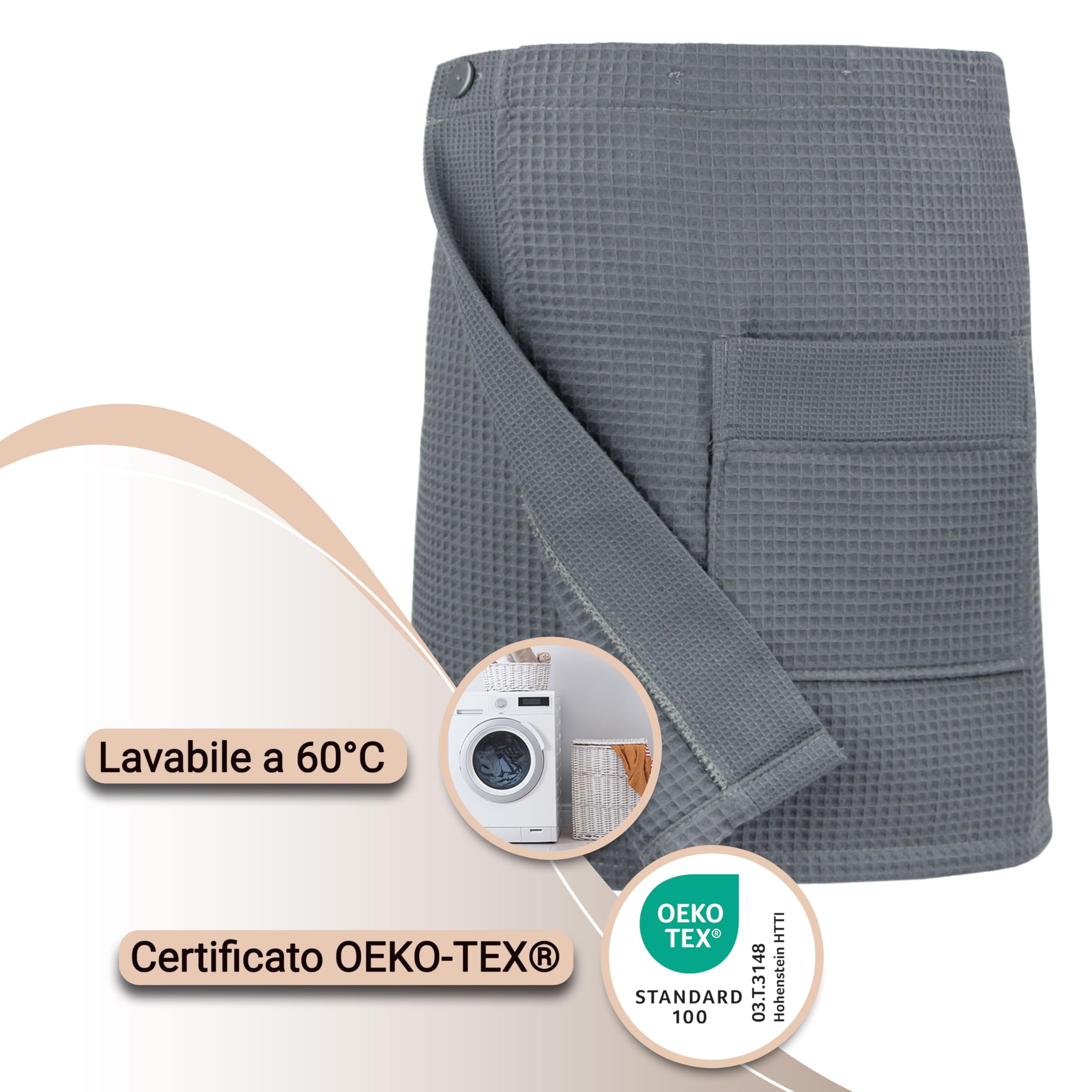 ZOLLNER Kilt grigio da sauna da uomo - Asciugamano sauna in piquè - Cotone - Con elastico e chiusura con bottoni - Tasca con cerniera - lavabile a 60°C - Certificato OEKO TEX