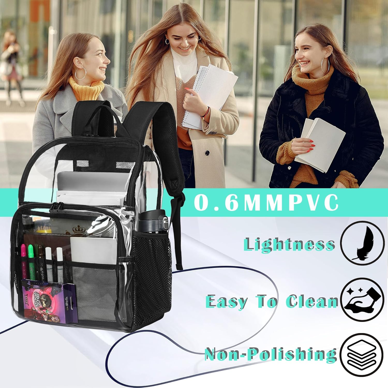 Clear Backpacks for School,18'' Large Clear Backpack Heavy Duty Clear Backpack See Through Backpack Clear Bookbag for Student,School,Work,Travel,Light Purple - Image 5