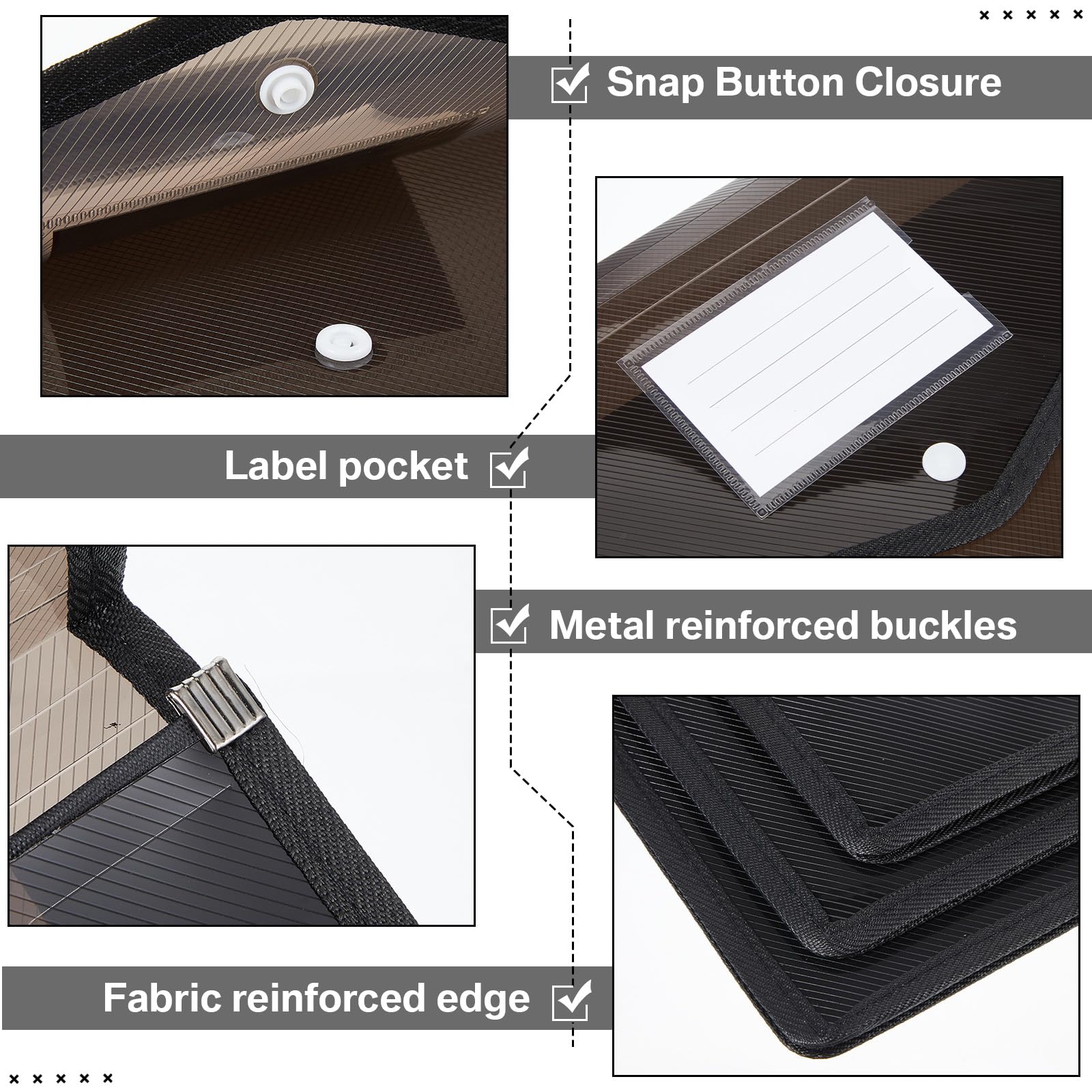 Dokumentenmappe aus Kunststoff, mit Schnappverschluss und Tasche, B4, wasserdicht, transparent, für Schule, Büro, Schwarz, horizontal, 10 Stück