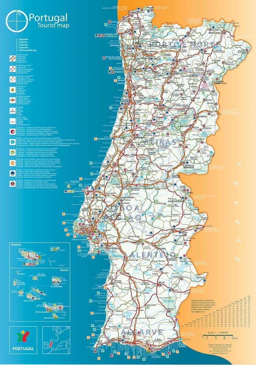 Gifts Delight Laminated 24"x34" Poster: Physical Map of Portugal in English Tourist map Road