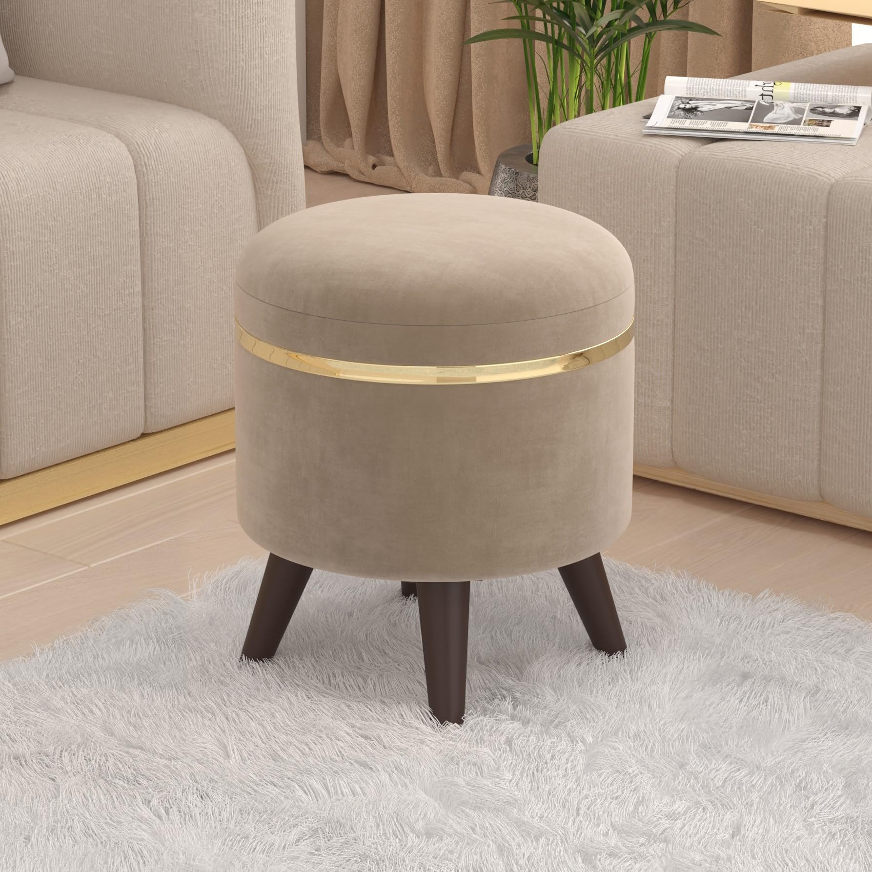 BLUEWUD Noah Round Engineered Wood Multipurpose Ottoman Pouffes Stool/Sitting Furniture Footrest Seat Pouf Puffy Foam Foot Stool with 4 Legs for Living Room Decor Home Furniture (Off-White)-image-17