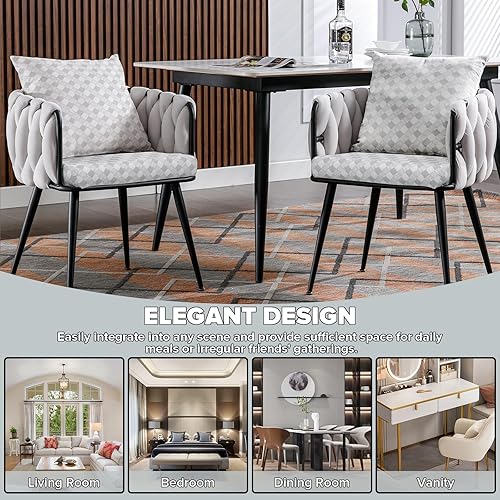 Miniatura 8 de Juego de 2 sillas de comedor modernas de terciopelo de mediados de siglo, sillas decorativas tejidas a mano, sillas de sala de estar, silla auxiliar