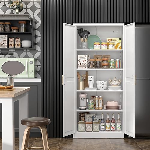 Miniatura 4 de Gabinete de despensa de cocina, gabinete de almacenamiento de metal blanco de 71" con puertas y 4 estantes ajustables, gabinete de cocina con 2