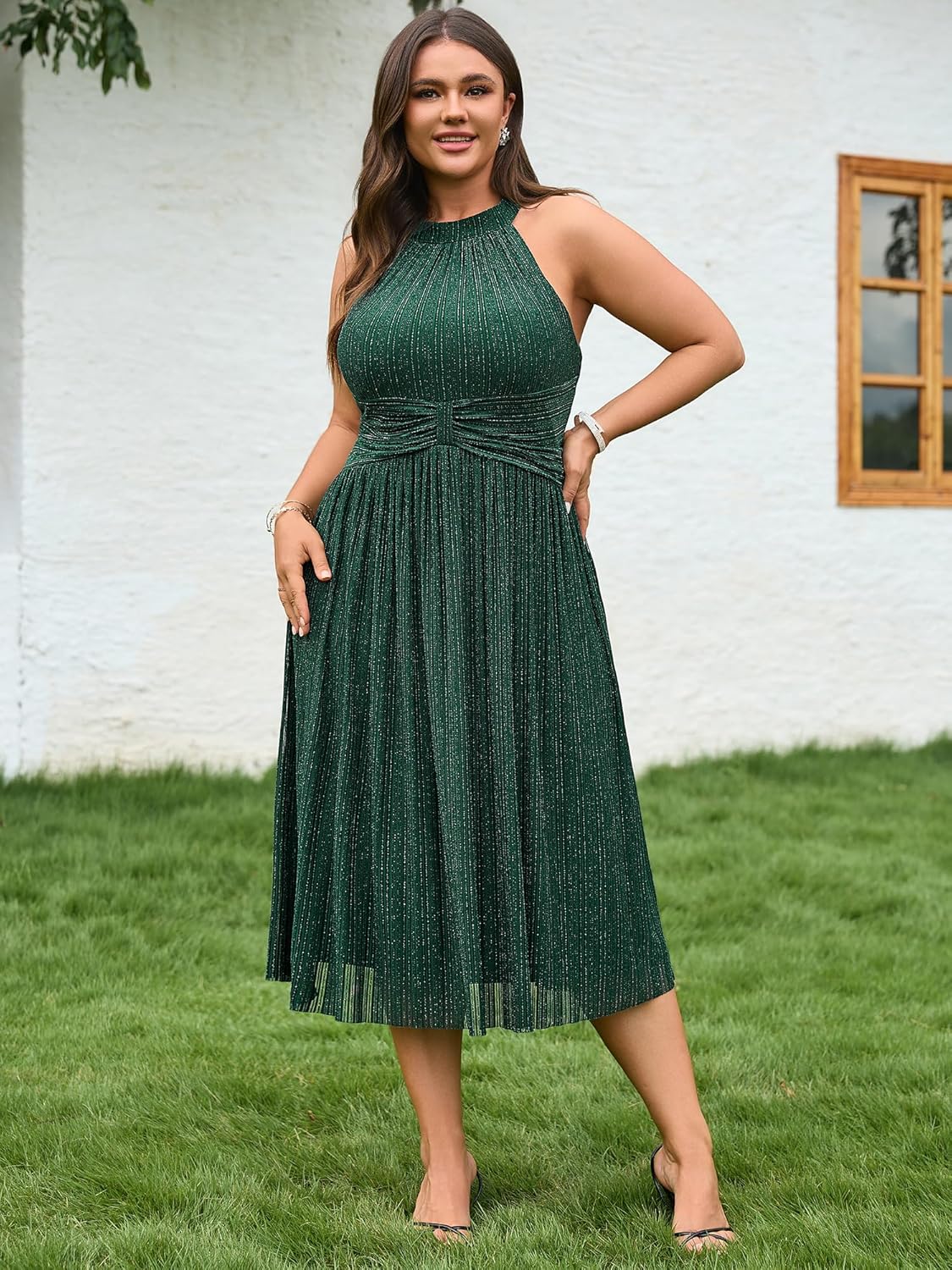 Ever-Pretty Plus Women's Glitter Halter Sleeveless Pleated Midi A-Line Plus Size Formal Wedding Guest Dresses - Image 4