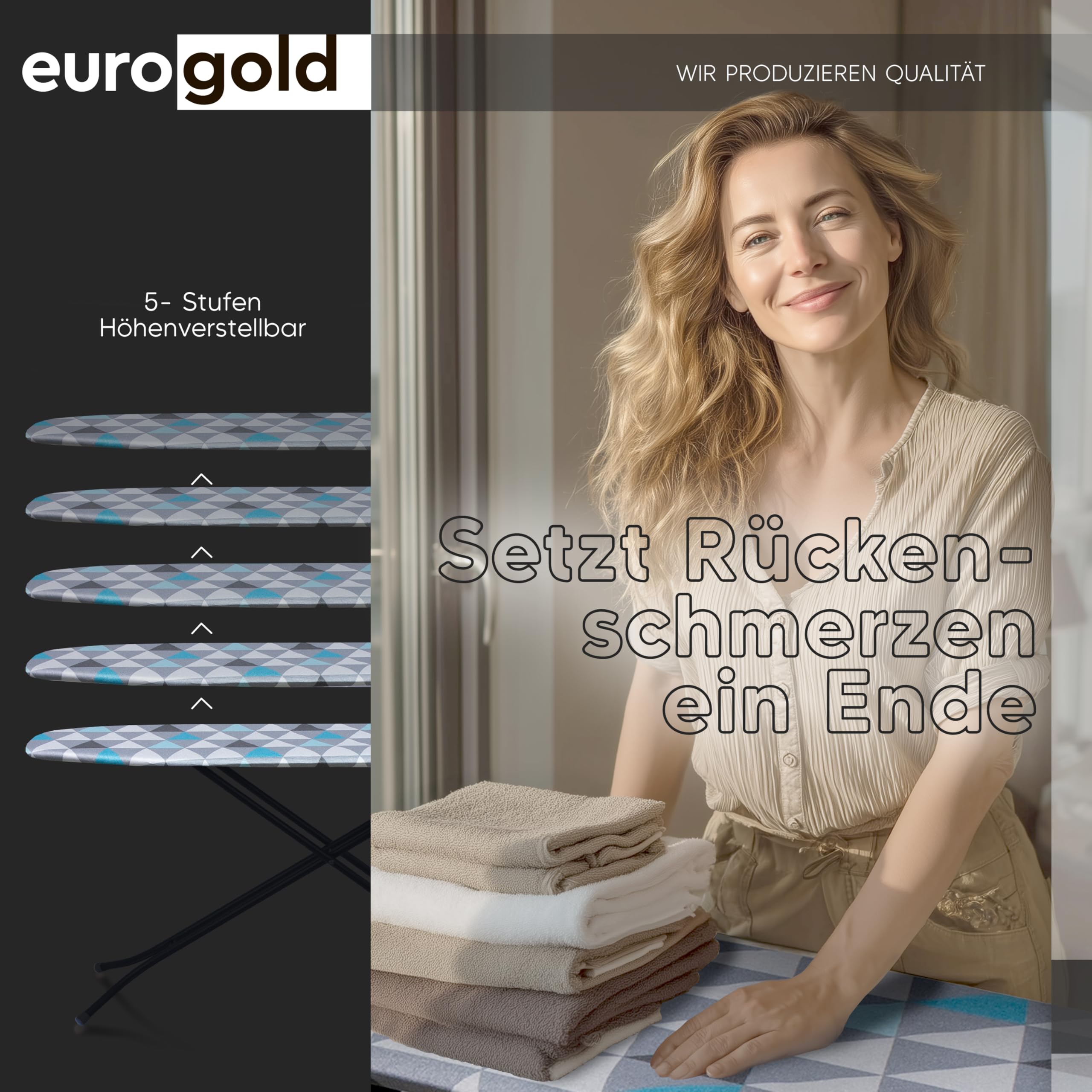 EUROGOLD® Bügeltisch 120x38 cm – Bügelbrett höhenverstellbar, stabil & kompakt klappbar, metallisierter Bezug für schnellere Hitzereflexion, große Bügelfläche, Made in Europe, Lagune