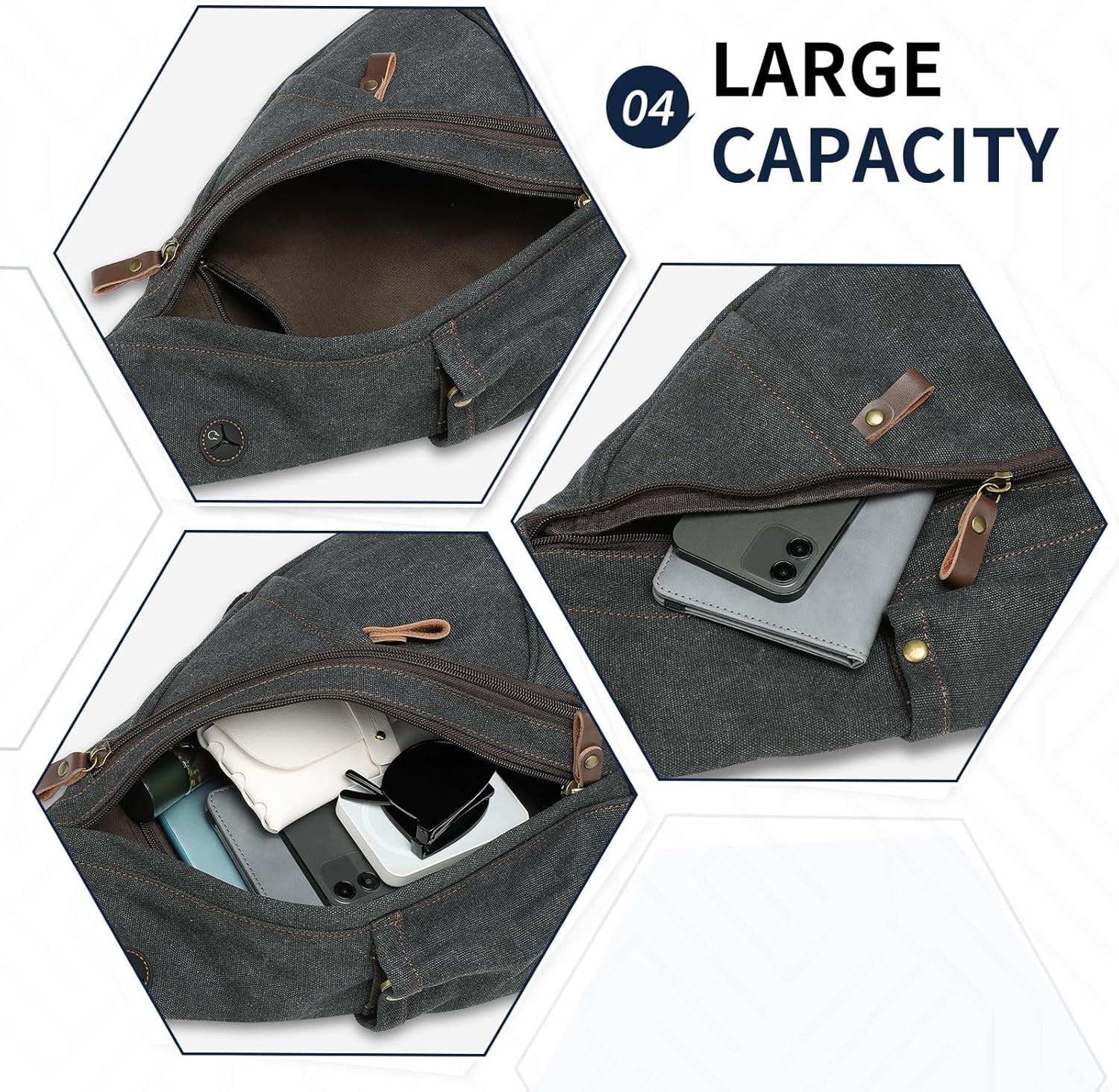 Vintage Canvas Sling Bag with Genuine Leather Zipper, 3 in 1 Crossbody, Backpack, and Chest Bag, for Travel, Hiking, 16x10x6 Inches, Black - Image 5