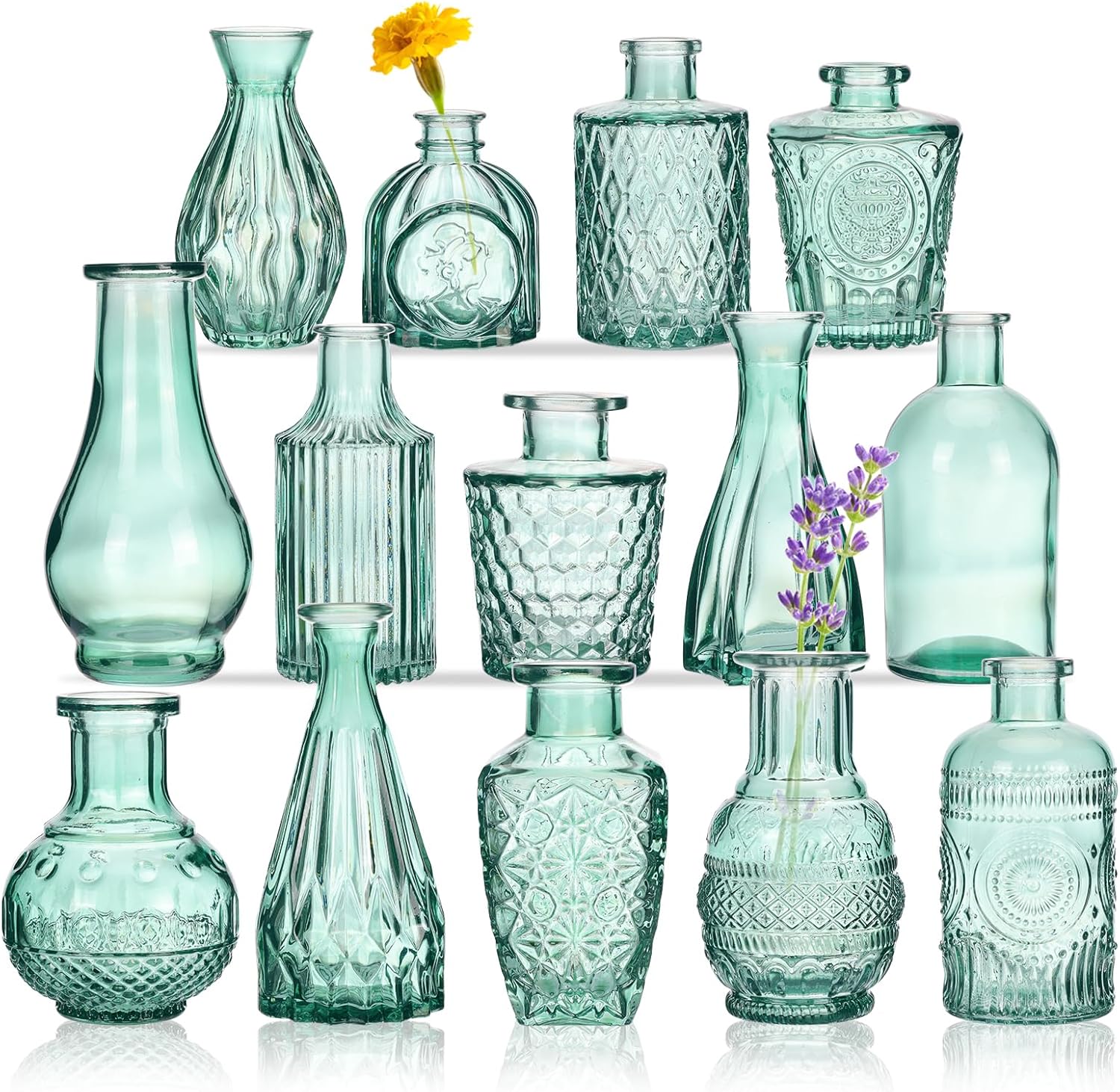 CUCUMI 14pcs Glass Bud Vase Set in Bulk, Aqua Green Relief