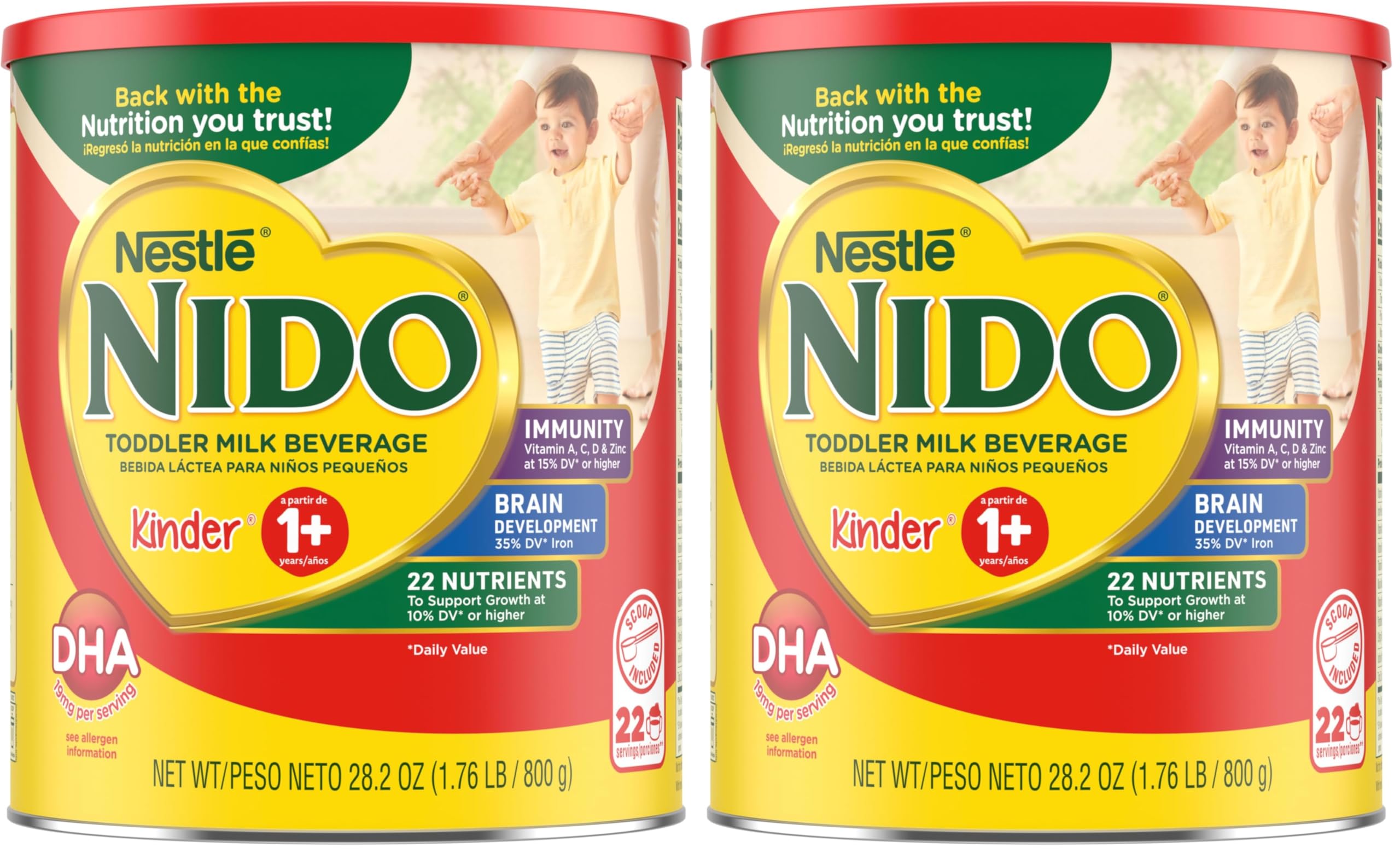 NESTLE NIDO Kinder 1+ Powdered Milk Beverage, 1.76 lb. Canister (Pack of 2)