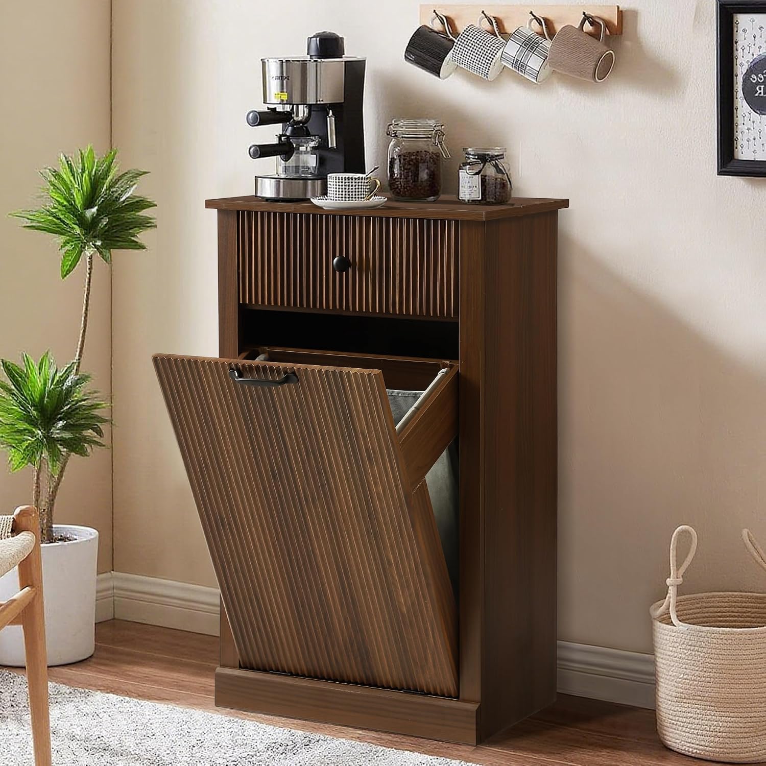 Modern Tilt Out Laundry Hamper Cabinet, Fluted Hidden Garbage Cabinet with Laundry Storage Basket, Wooden Trash Can Cabinets with Drawer (Brown, 13"D x 21"W x 36"H (Single))