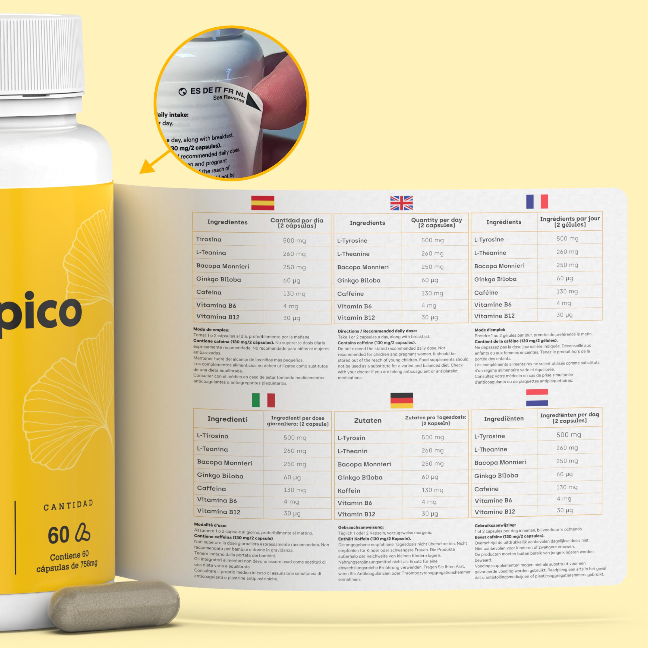 Nootropic Brain Booster - Konzentrations Tabletten mit Ginkgo Biloba, Tyrosin, L-Theanin & 130mg Koffein - Gedächtnis Tabletten für Dopamin & Fokus - NutriBrain