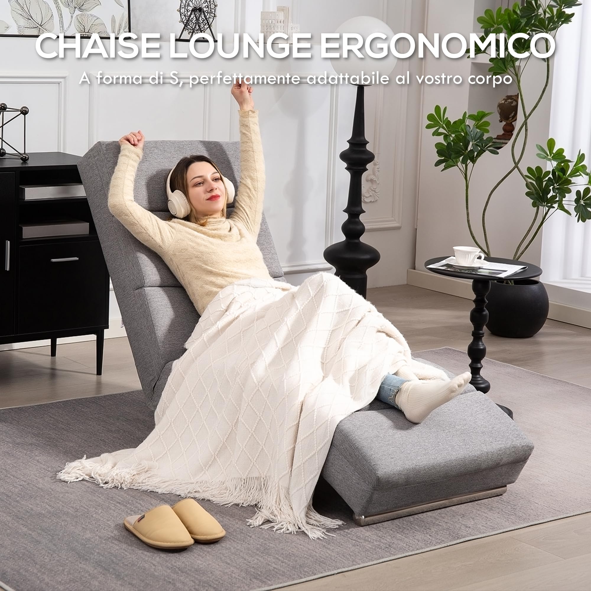 HOMCOM Poltrona Chaise Longue Ergonomica con Schienale Alto in Tessuto, Sdraio Relax con Imbottitura Spessa e Gambe in Acciaio, 160.5x60.5x93 cm per Soggiorno, Camera da Letto e Salotto, Grigio Chiaro
