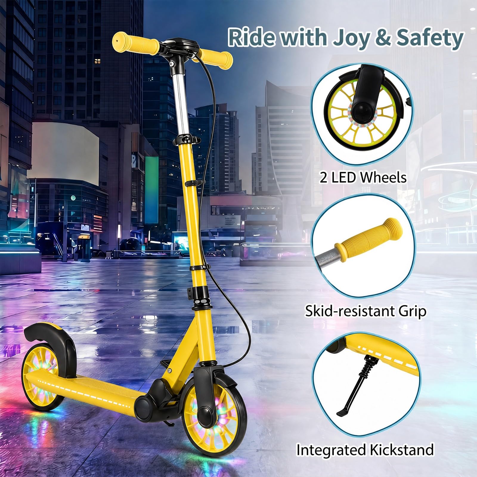 HOMASIS Trottinette Enfant et Adulte, Trottinette Pliable avec 2 Roues Lumineuses, Guidon Réglable en 3 Hauteurs, Béquille, Cadre en Aluminium, Plateforme Antidérapante, Charge 100 kg, 6+ Ans