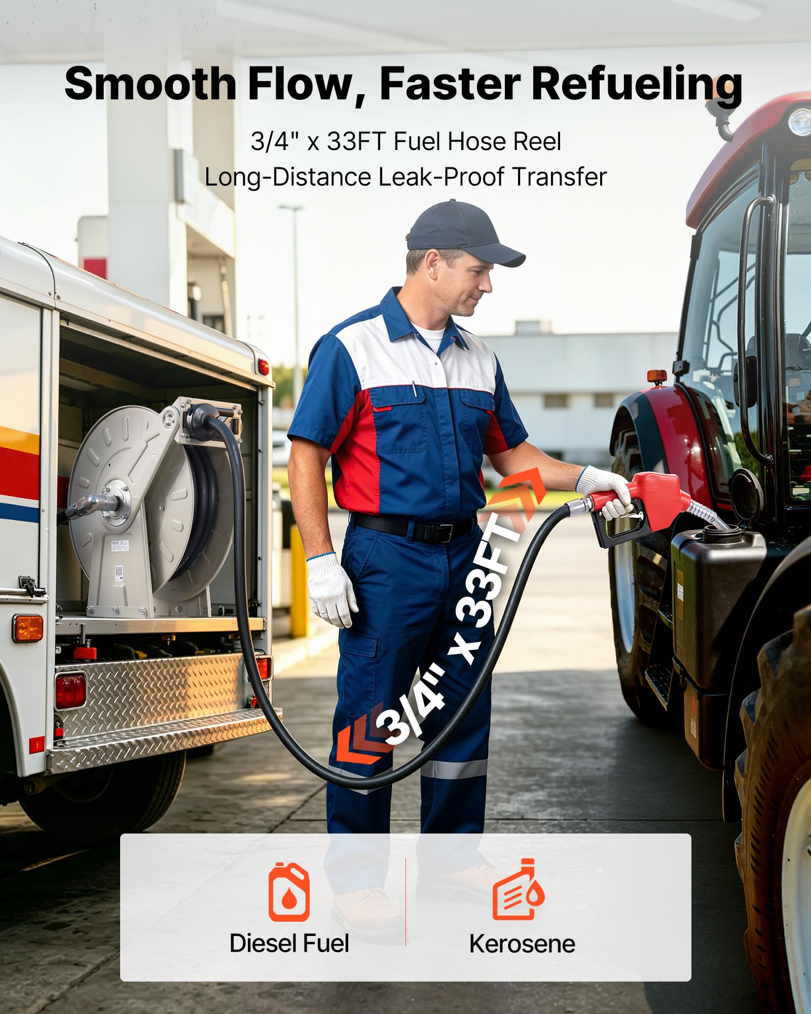 VEVOR Carrete de Manguera de Combustible de 19,05 x 9900 mm 300 PSI | con Resorte de Trinquete, Base de Acero, Enrollador de Manguera Retráctil para Diésel Taller Estación de Servicio