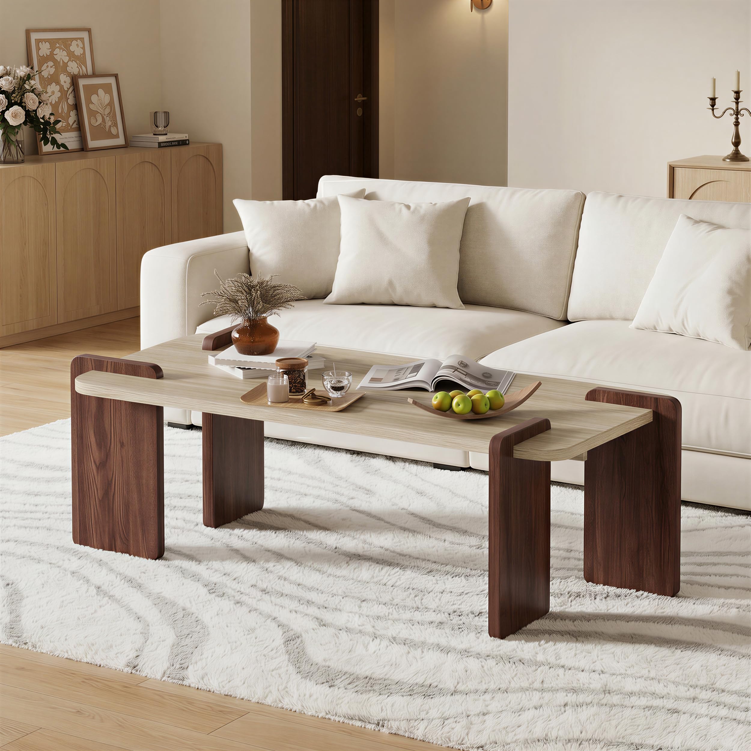 MSFE Table Basse en Travertin,Table Basse Bois Rectangulaire pour Salon,Élégante Table Centrale pour Café ou Thé avec Base Robuste et Coins Arrondis,110 x 40 x 50 cm